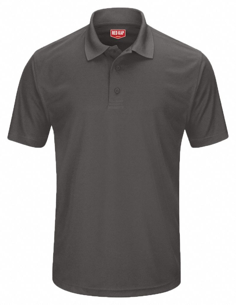 Short Sleeve Polo: Men's, 2XL, Gray, Regular, Polo, Short Sleeve, Polyester, Rib Knit Collar
