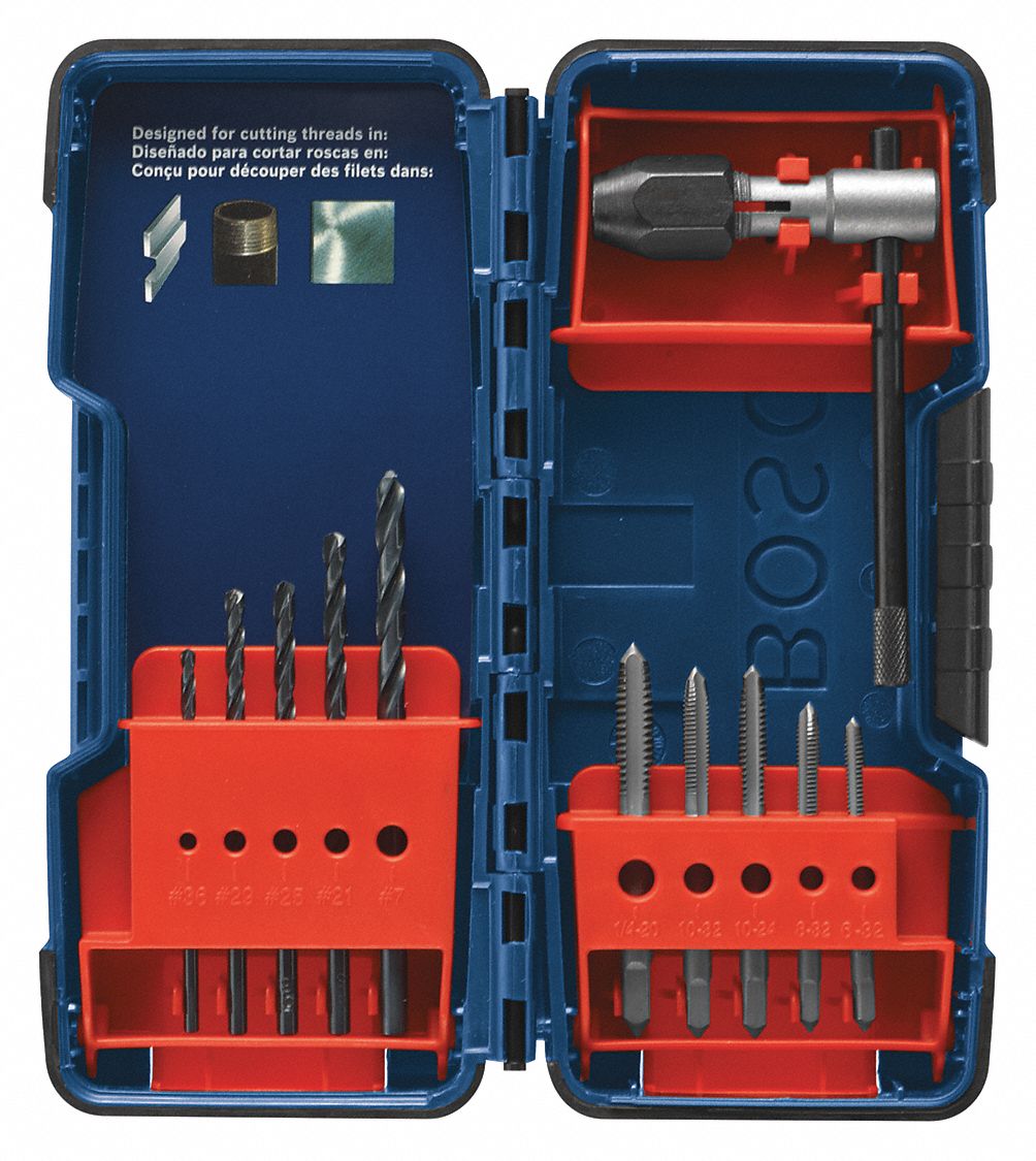 BOSCH, 11 Pieces, 5/16"18 Smallest Thread Size, Drill Bit and Tap Set