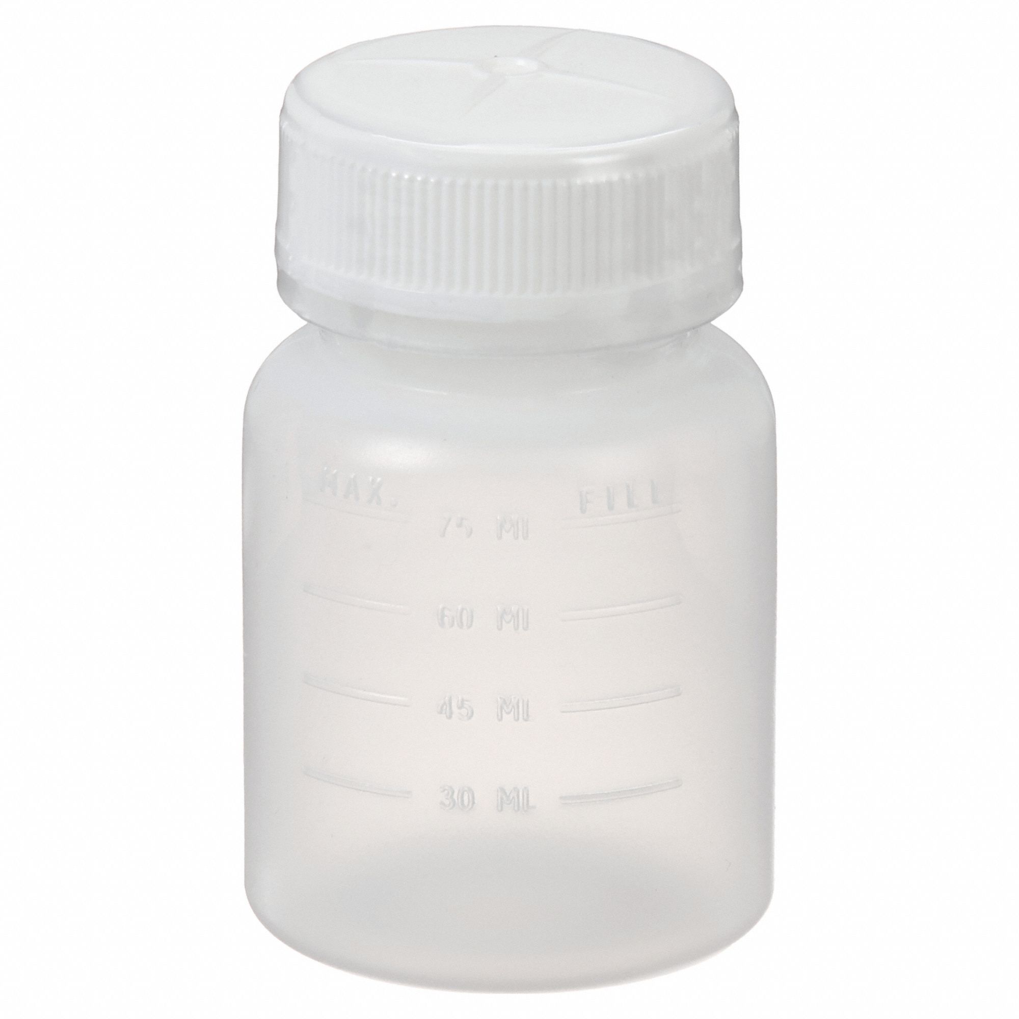 Jar: HDPE, 2.5 fl oz Capacity - oz, 90 mL Capacity - mL, 49 mm Body Dia, 76.2 mm Overall Ht, Round