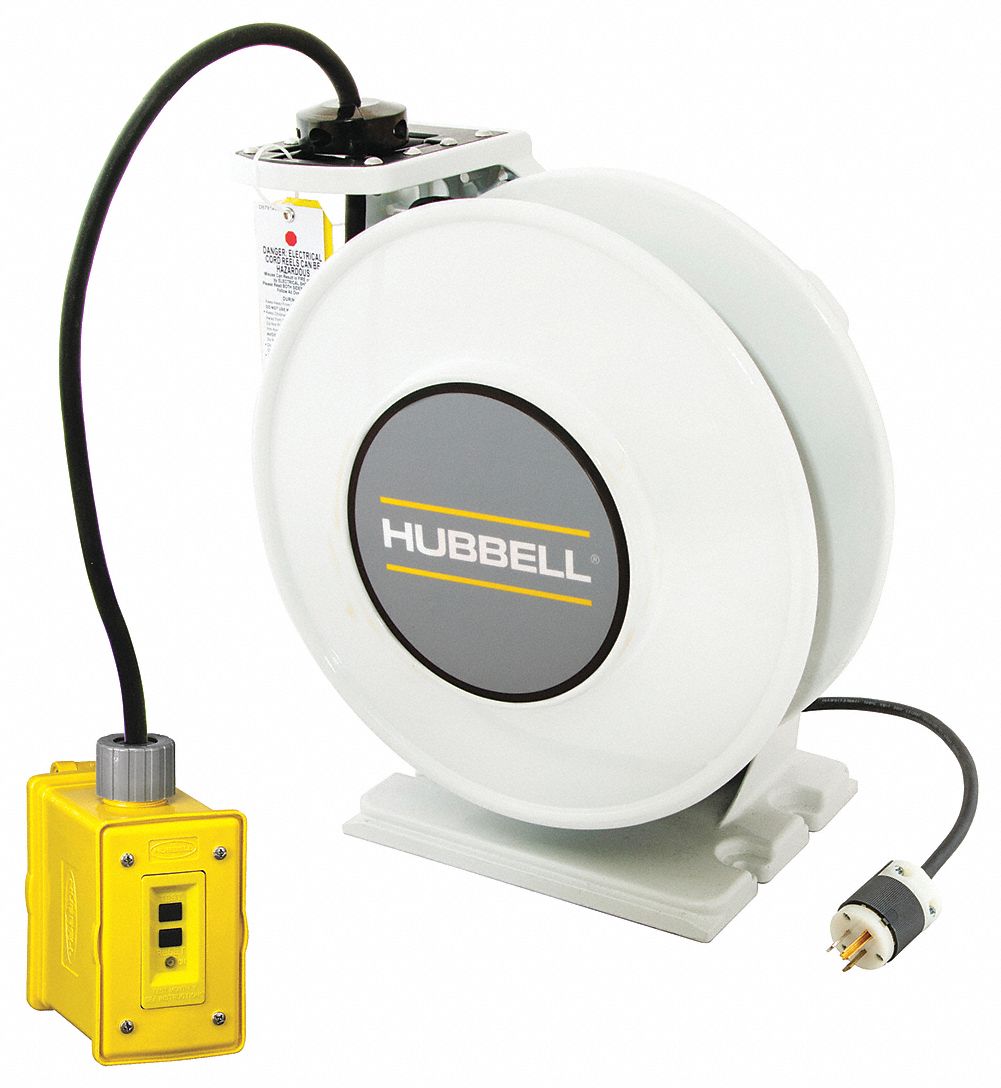 HUBBELL WIRING DEVICEKELLEMS Extension Cord Reel, Spring Retraction, 125V AC, Duplex GFCI Box