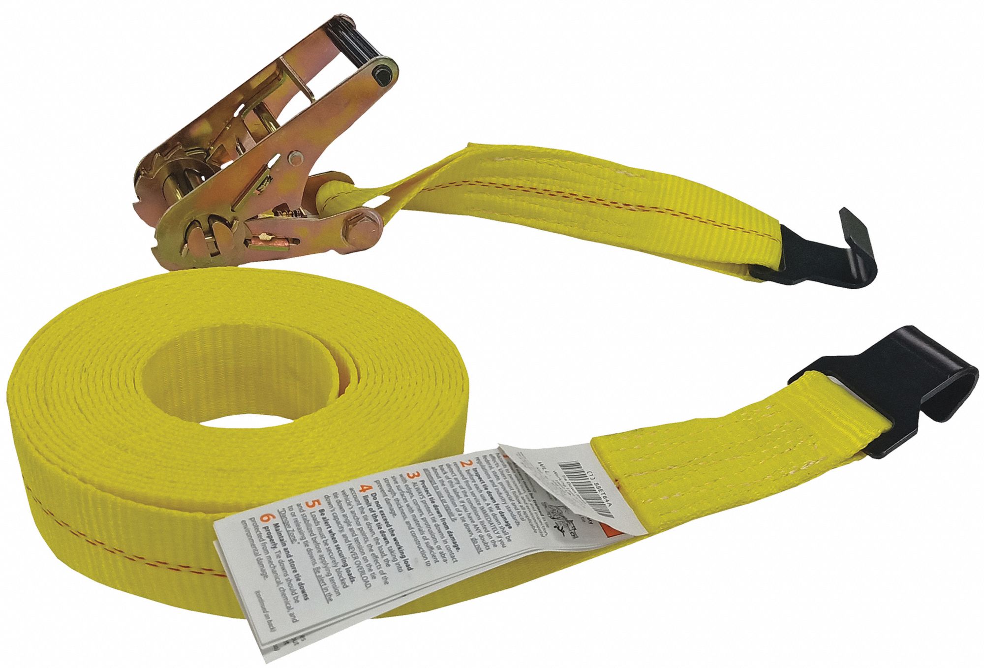 TIE DOWN STRAP, RATCHET, FLAT-HOOK, GEN PURPOSE, 2 IN W, 1,600 LB WLL, YELLOW, 27 FT L