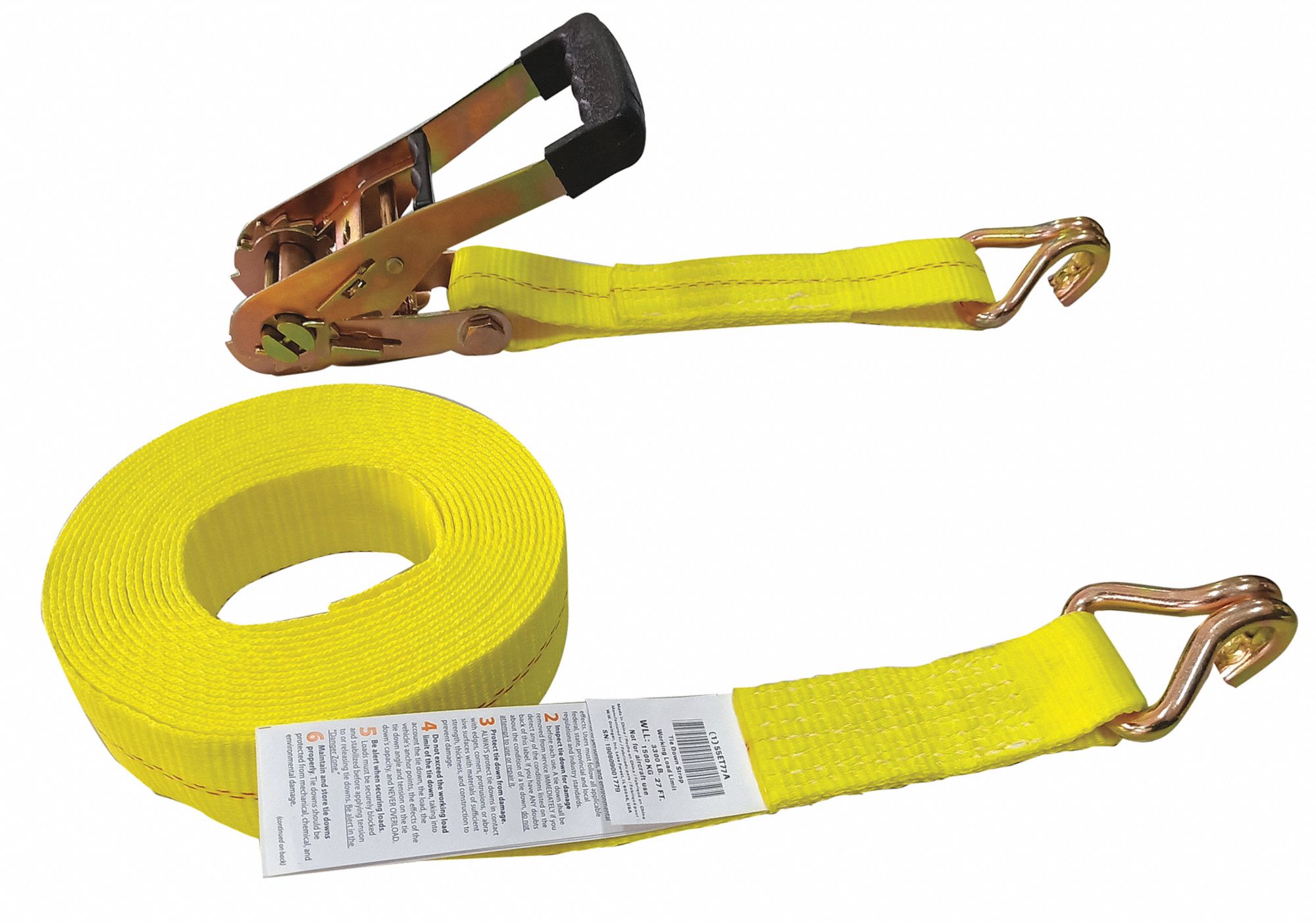 TIE DOWN STRAP, RATCHET, WIRE-HOOK, GEN PURPOSE, 2 IN W, 3,300 LB WLL, YELLOW, 27 FT L