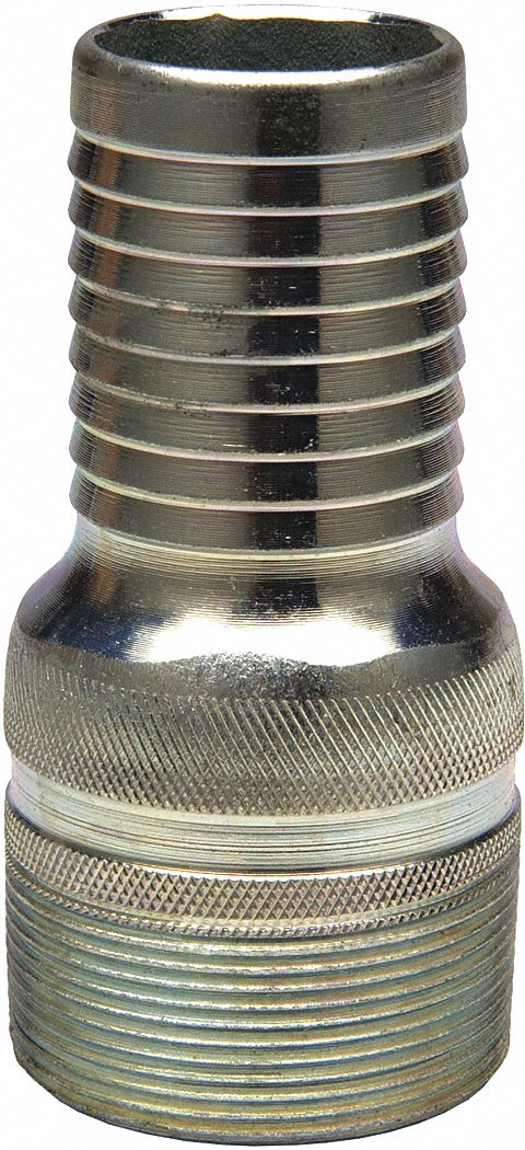 Barbed Hose Fitting: For 2 1/2 in Hose I.D., Steel x Steel, 2-1/2 in x 3 in Fitting Size, No Knurl