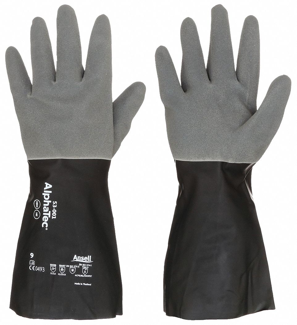 CHEMICAL RESISTANT GLOVES, 17 MIL, 13 IN LENGTH, BLACK/GREY, SIZE 9