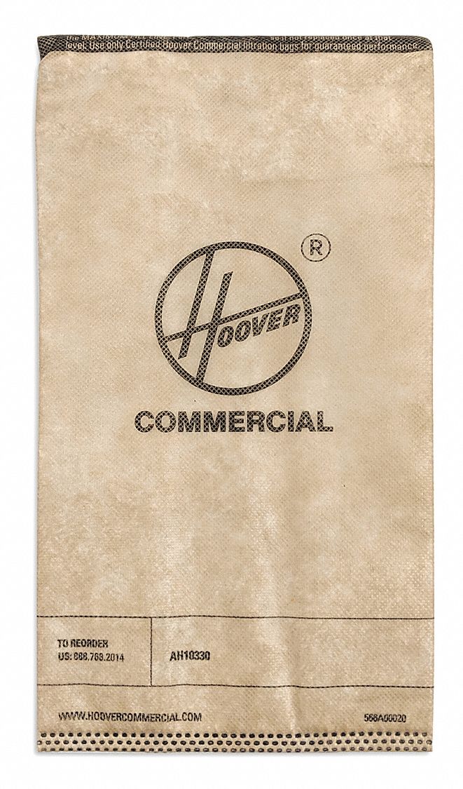 Vacuum Bag: Fits Hoover Commercial Vacuum Brand, Dry, Paper, 5-Ply, 10 PK