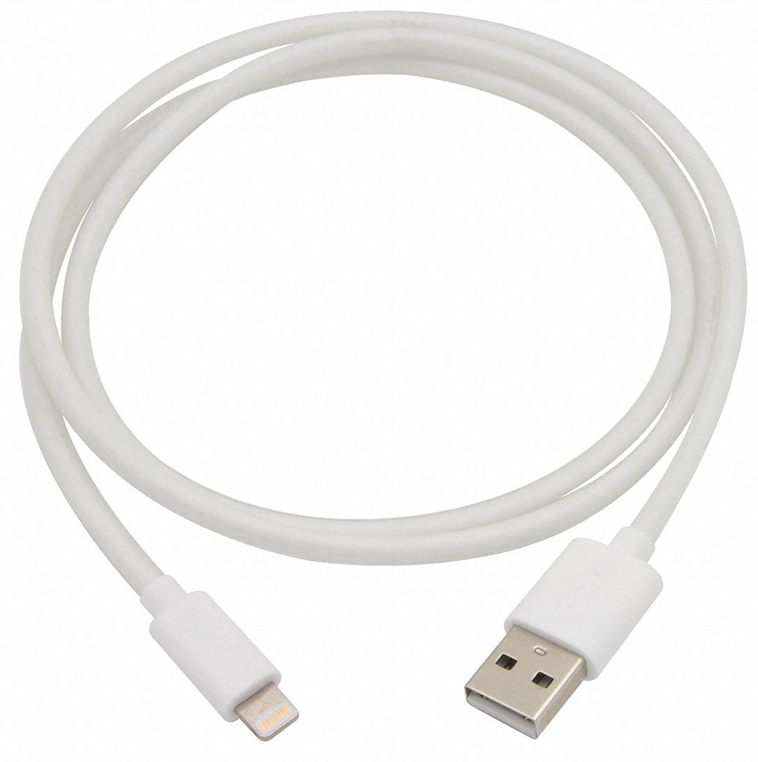 Standard USB Cable: Lightning End 1, Type A End 2, White, 36 in Lg, 2.0 USB Specification
