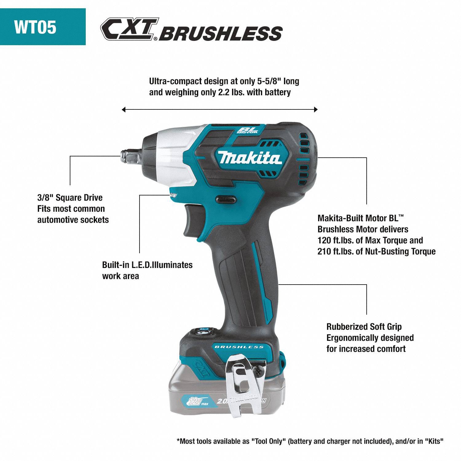 MAKITA Impact Wrench 3/8 in Square Drive Size, 120 ftlb Fastening