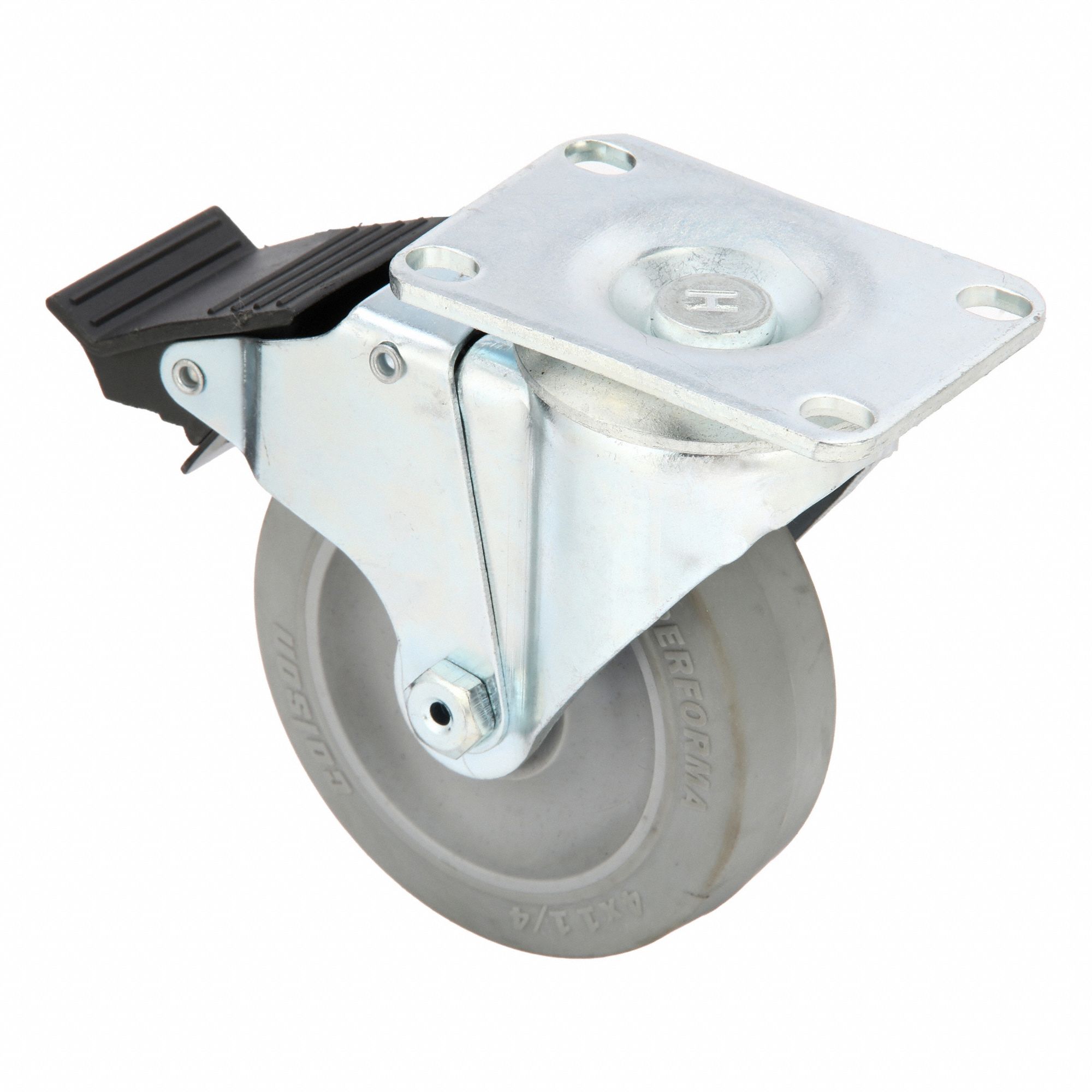 Plate Caster: Swivel, Total Lock, Rubber, 4 in Wheel Dia, 1 1/4 in Wheel Wd, Slot, Rectangle