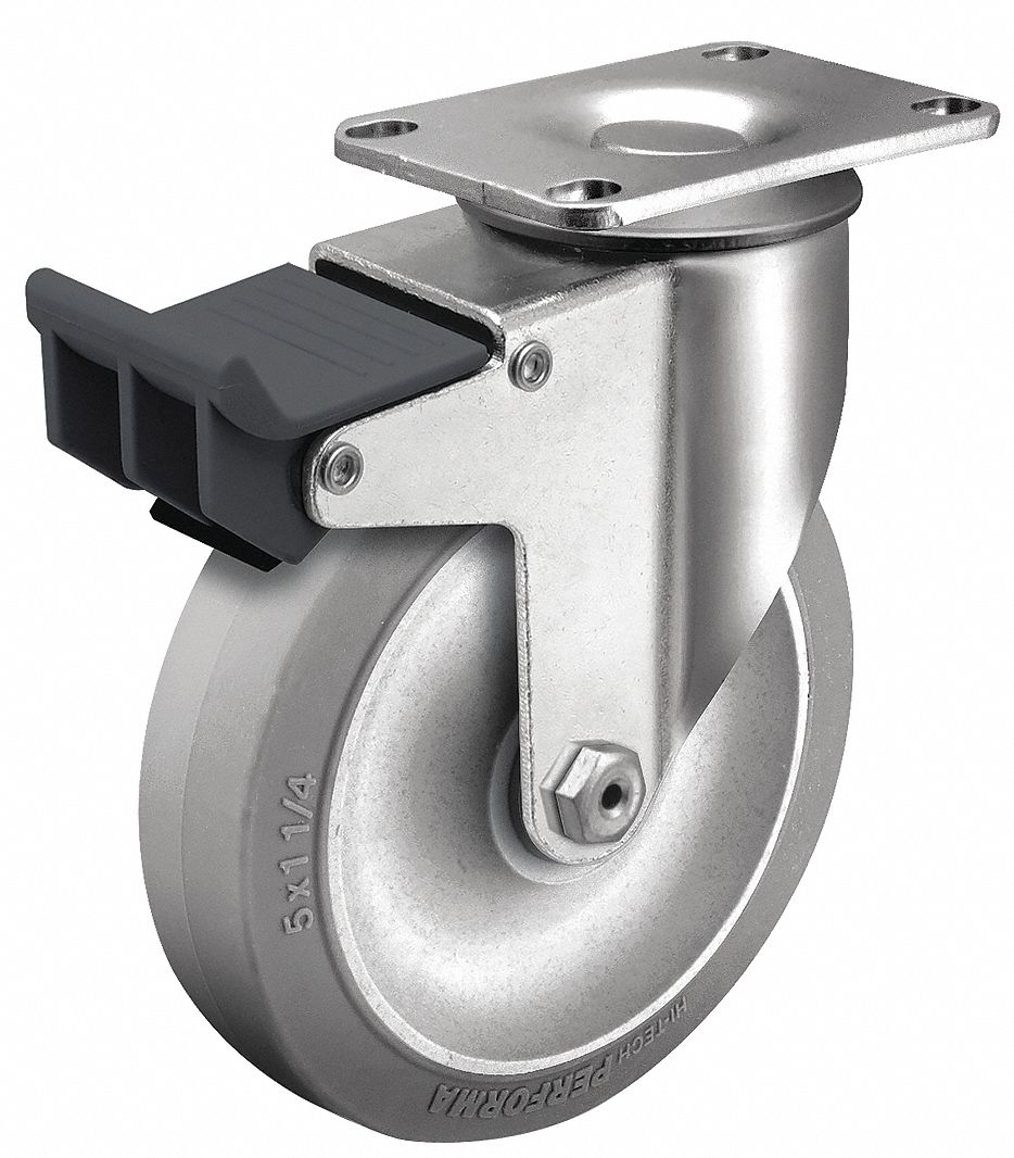 Plate Caster: Swivel, Total Lock, Rubber, 3 1/2 in Wheel Dia, 1 1/4 in Wheel Wd, Slot, Ball
