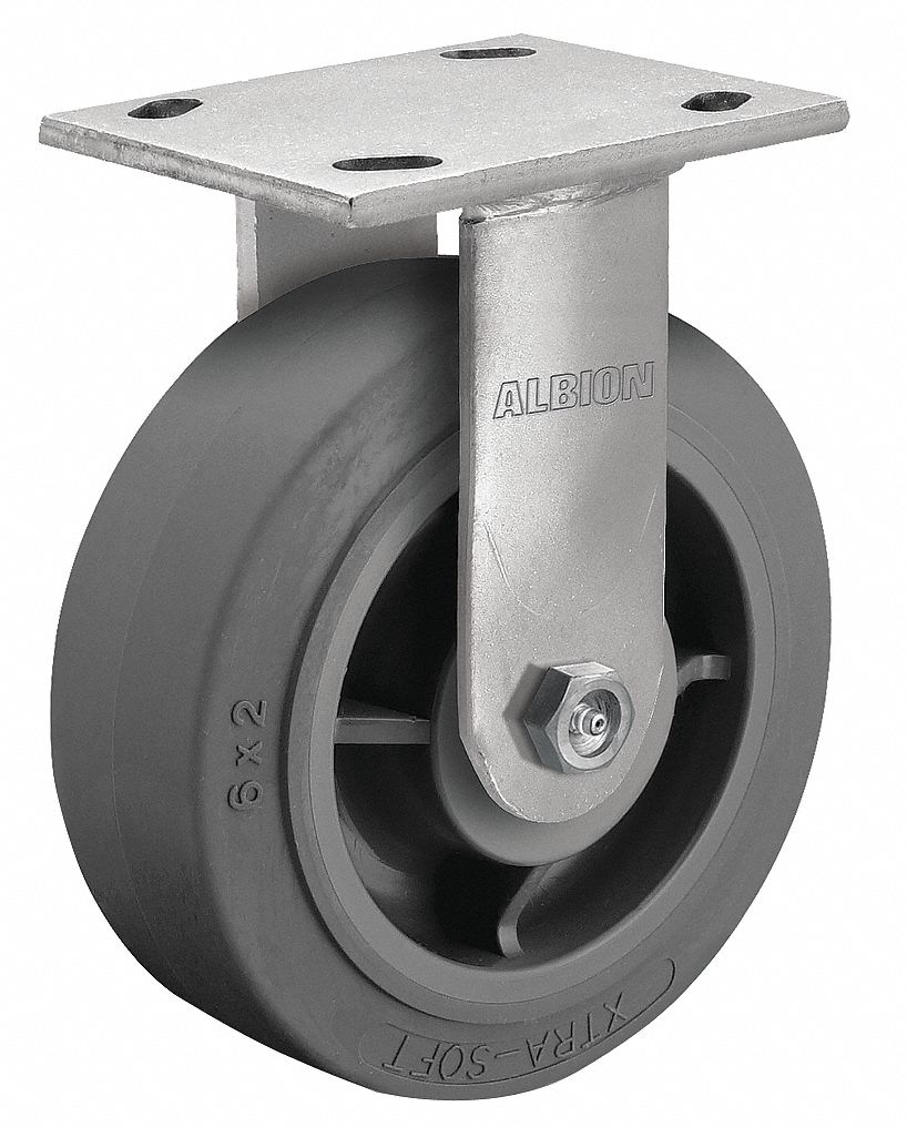 Plate Caster: Rigid, No Brake, Rubber, 4 in Wheel Dia., 2 in Wheel Wd, 5 5/8 in Mounting Ht