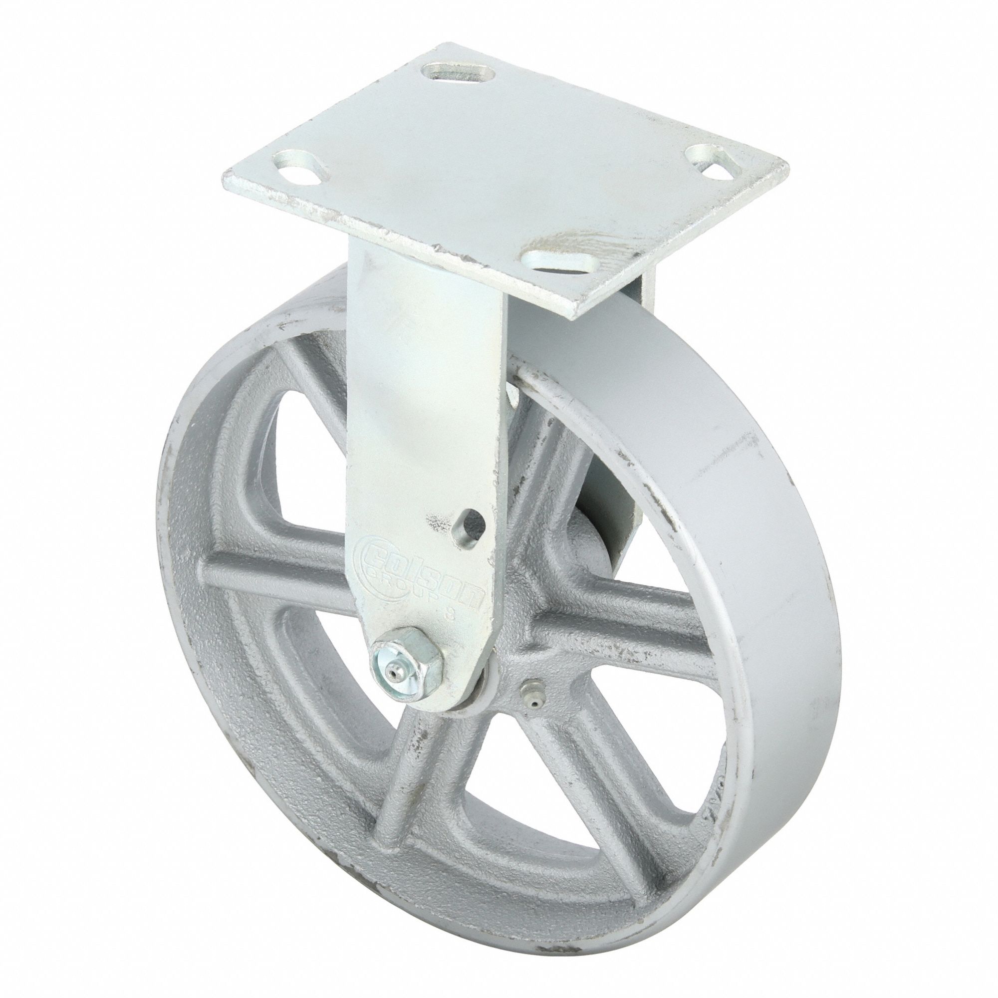 Plate Caster: Rigid, No Brake, Iron, 8 in Wheel Dia, 2 in Wheel Wd, 9 1/2 in Mounting Ht