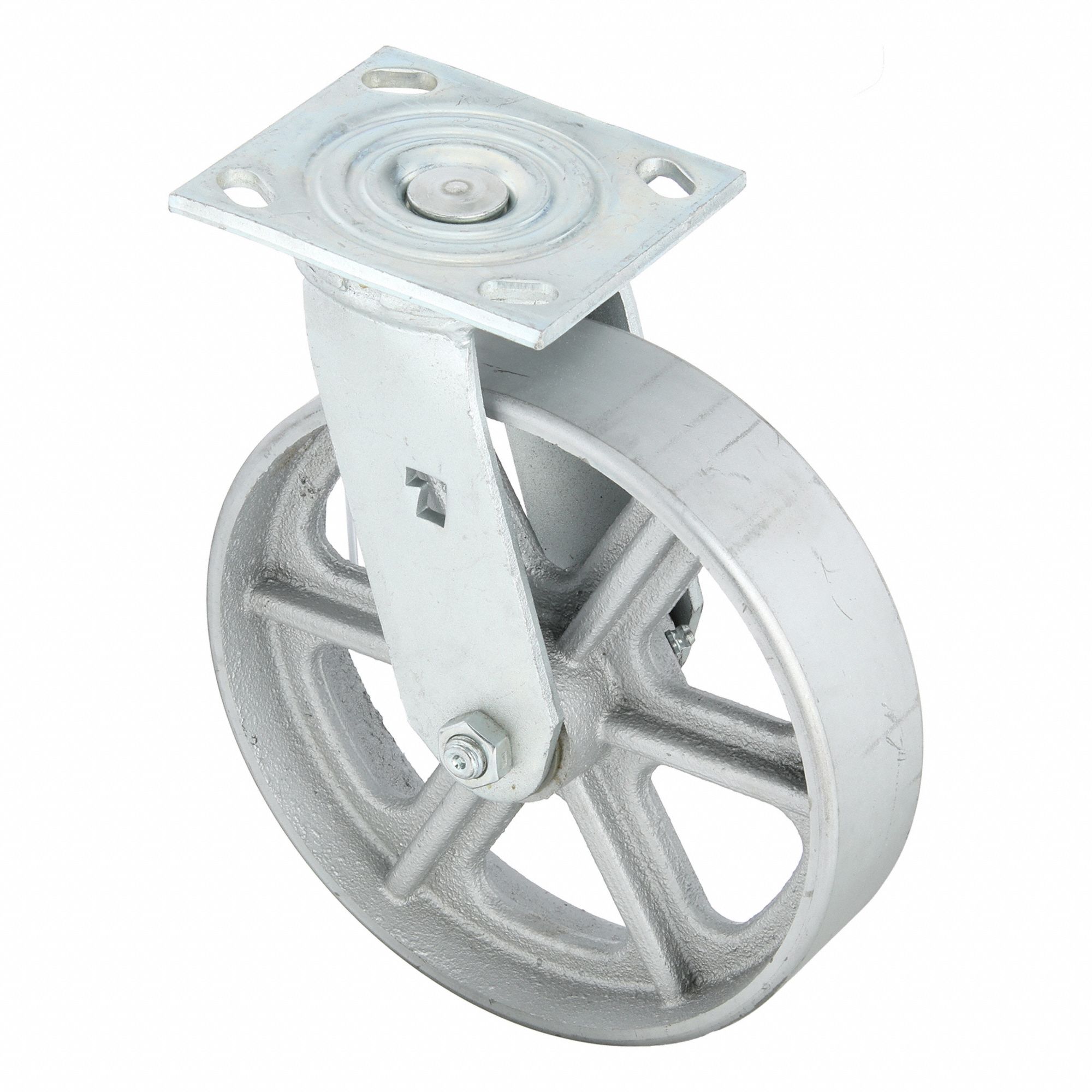 Plate Caster: Swivel, No Brake, Iron, 8 in Wheel Dia, 2 in Wheel Wd, 9 1/2 in Mounting Ht