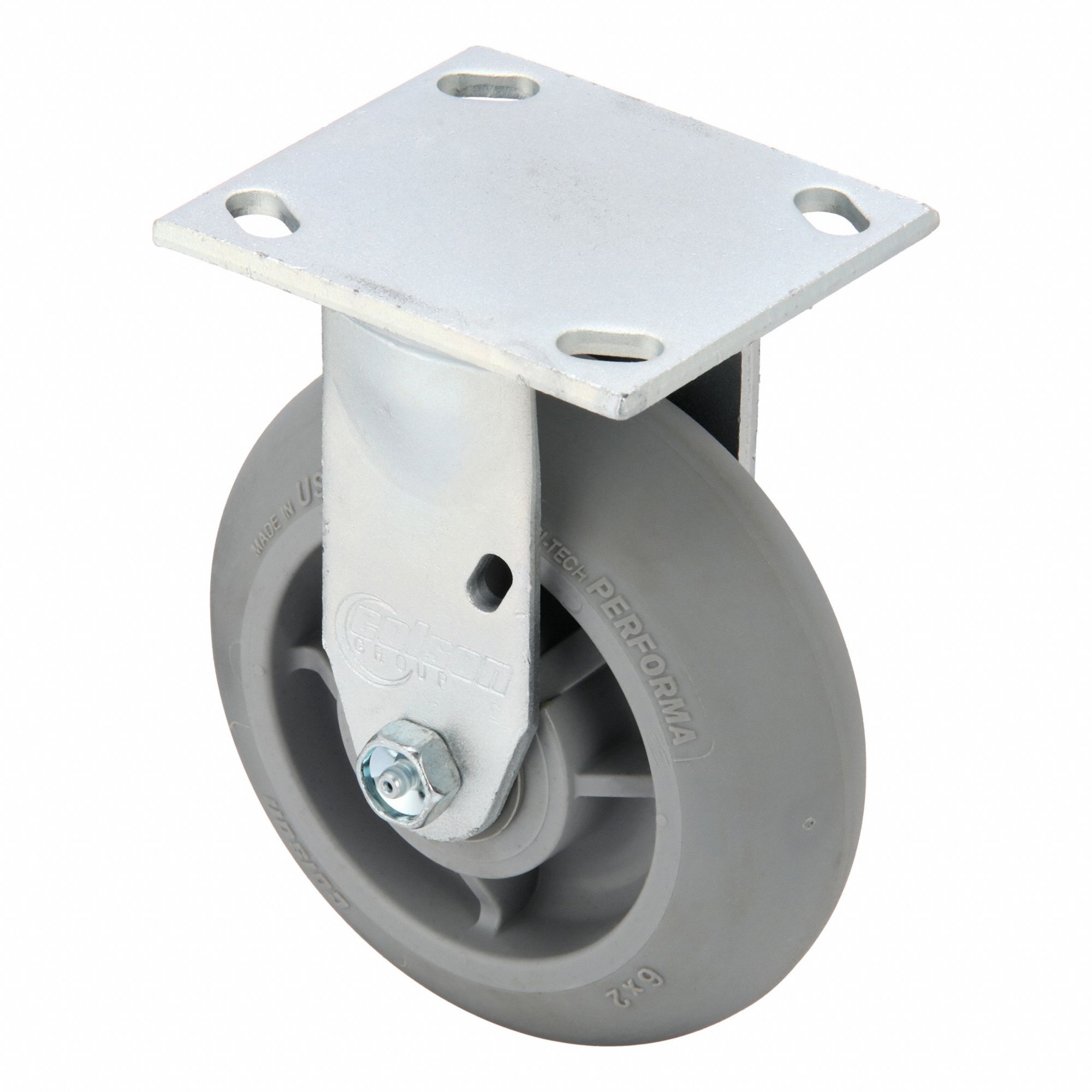 Plate Caster: Rigid, No Brake, Rubber, 6 in Wheel Dia, 2 in Wheel Wd, 7 1/4 in Mounting Ht