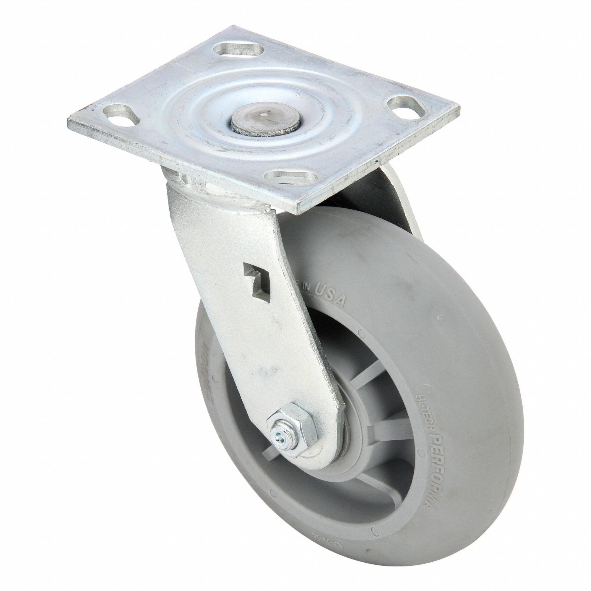 Plate Caster: Swivel, No Brake, Rubber, 6 in Wheel Dia, 2 in Wheel Wd, 7 1/4 in Mounting Ht