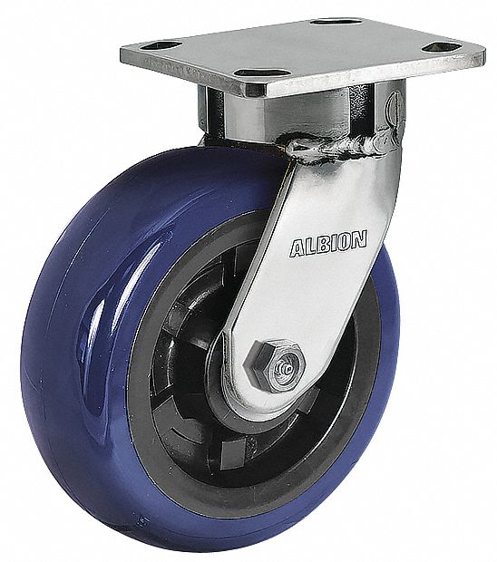 Plate Caster: Corrosion-Resistant, Kingpinless Swivel, Polyurethane, 5 in Wheel Dia, Ball