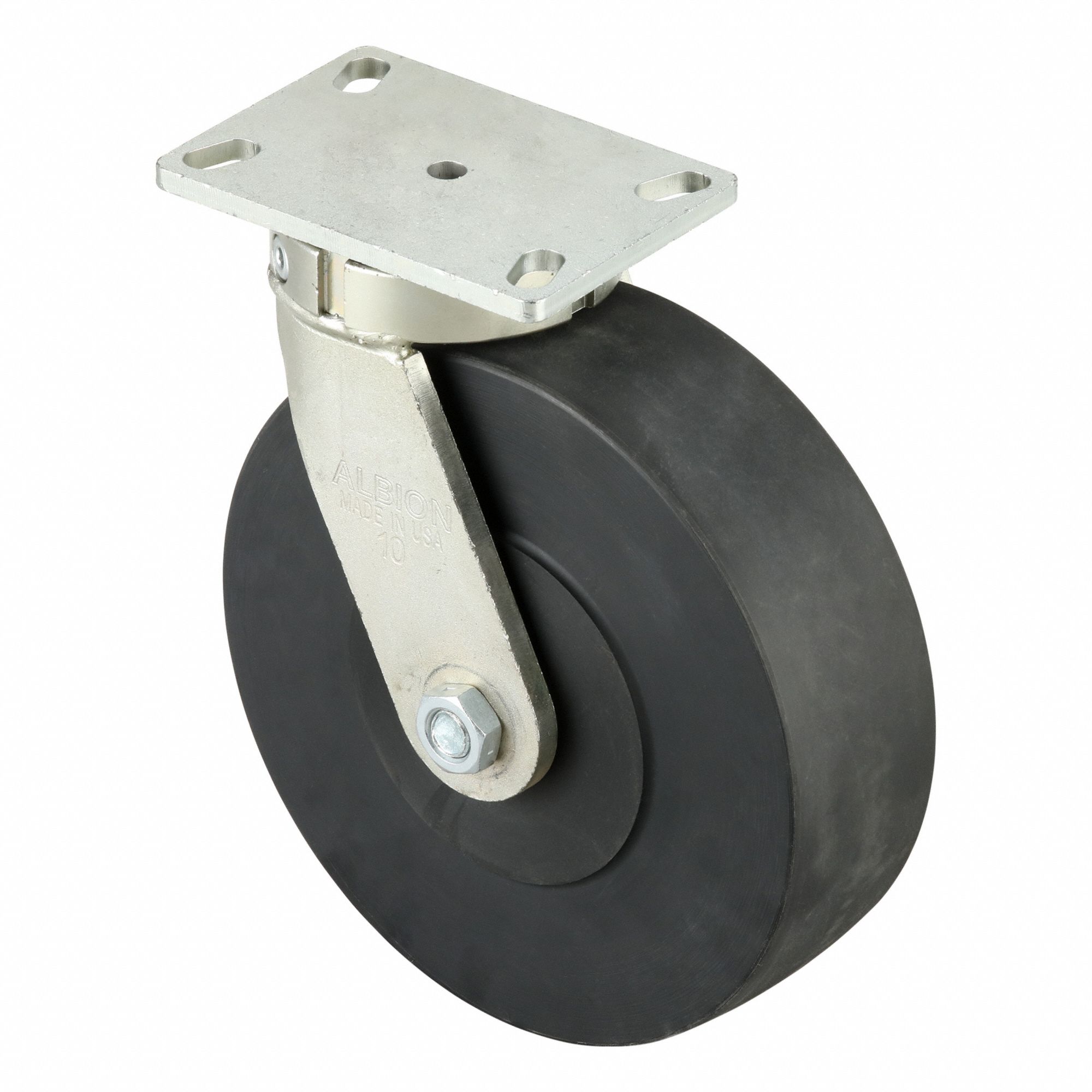 Plate Caster: Kingpinless Swivel, Polyolefin, 10 in Wheel Dia, 2 in Wheel Wd, Rectangle, Ball
