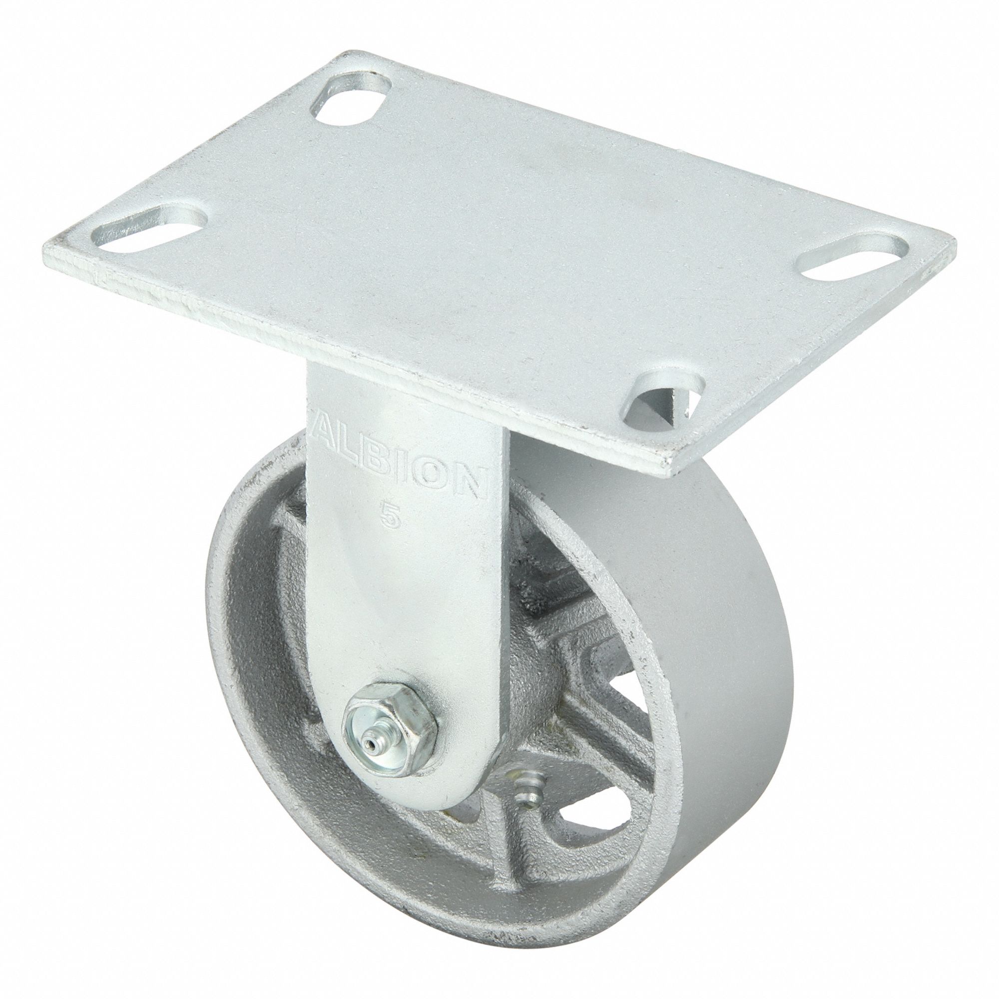 Plate Caster: Rigid, No Brake, Iron, 5 in Wheel Dia, 2 in Wheel Wd, 6 1/2 in Mounting Ht