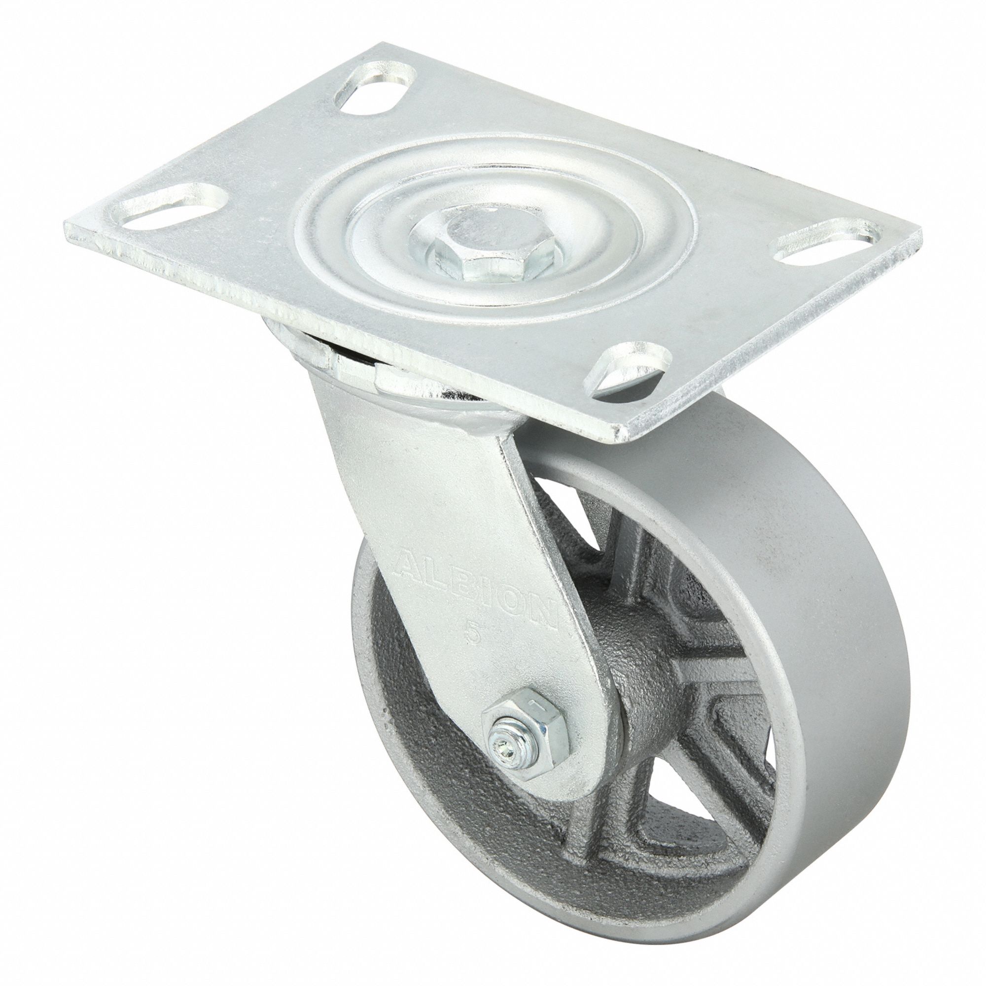 Plate Caster: Swivel, No Brake, Iron, 5 in Wheel Dia, 2 in Wheel Wd, 7 1/2 in Mounting Ht