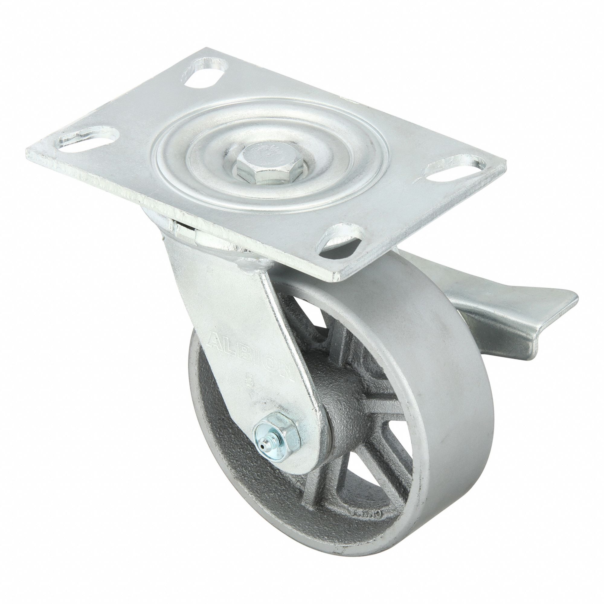 Plate Caster: Swivel, Side Brake, Iron, 5 in Wheel Dia, 2 in Wheel Wd, 7 1/2 in Mounting Ht