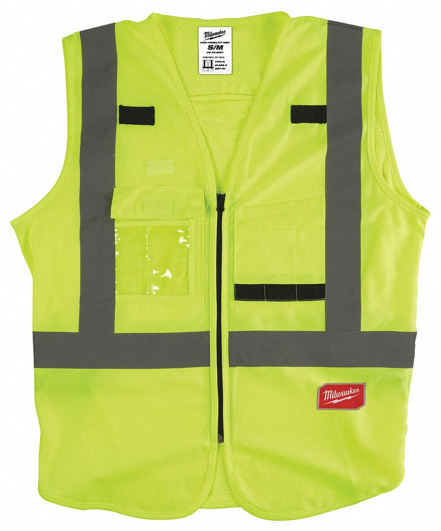 High-Visibility Vest: ANSI Class 2, U, S/M, Lime, Solid Polyester, Zipper, Single