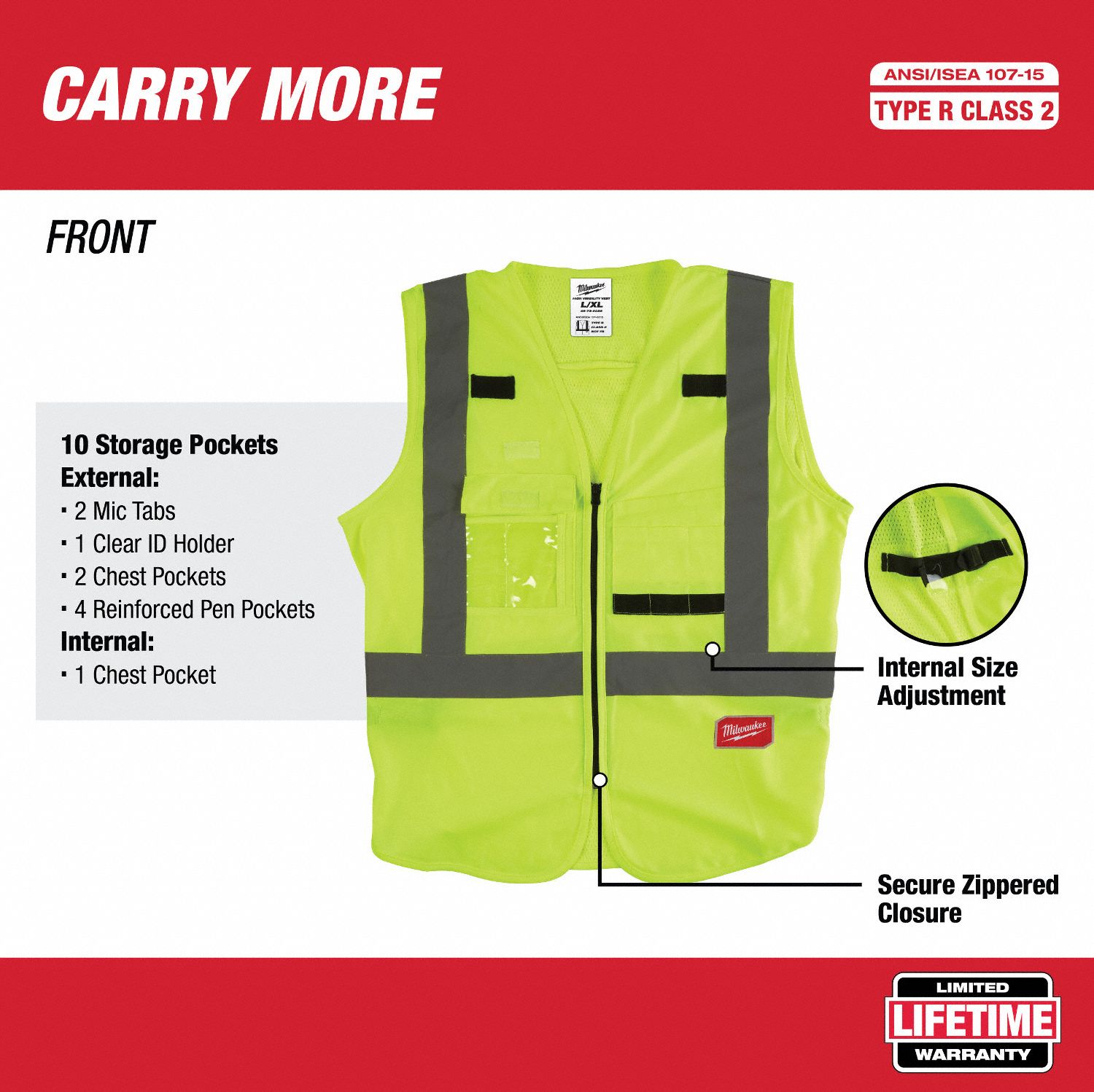 Milwaukee Yellowgreen Silver Safety Vest Type R Class 2 Zipper Lxl 55ff1048 73 5022 2411