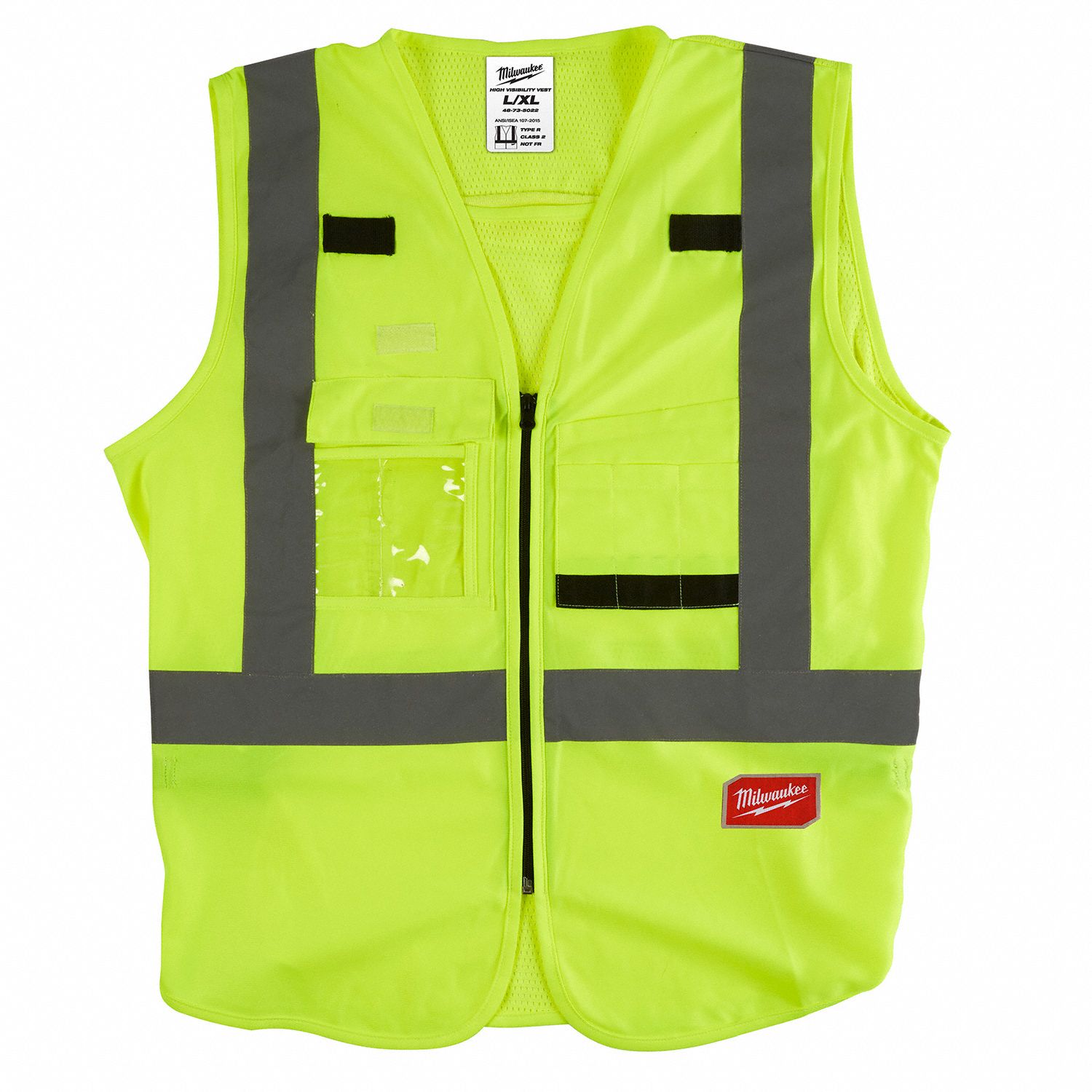 High-Visibility Vest: ANSI Class 2, U, L/XL, Lime, Solid Polyester, Zipper, Single