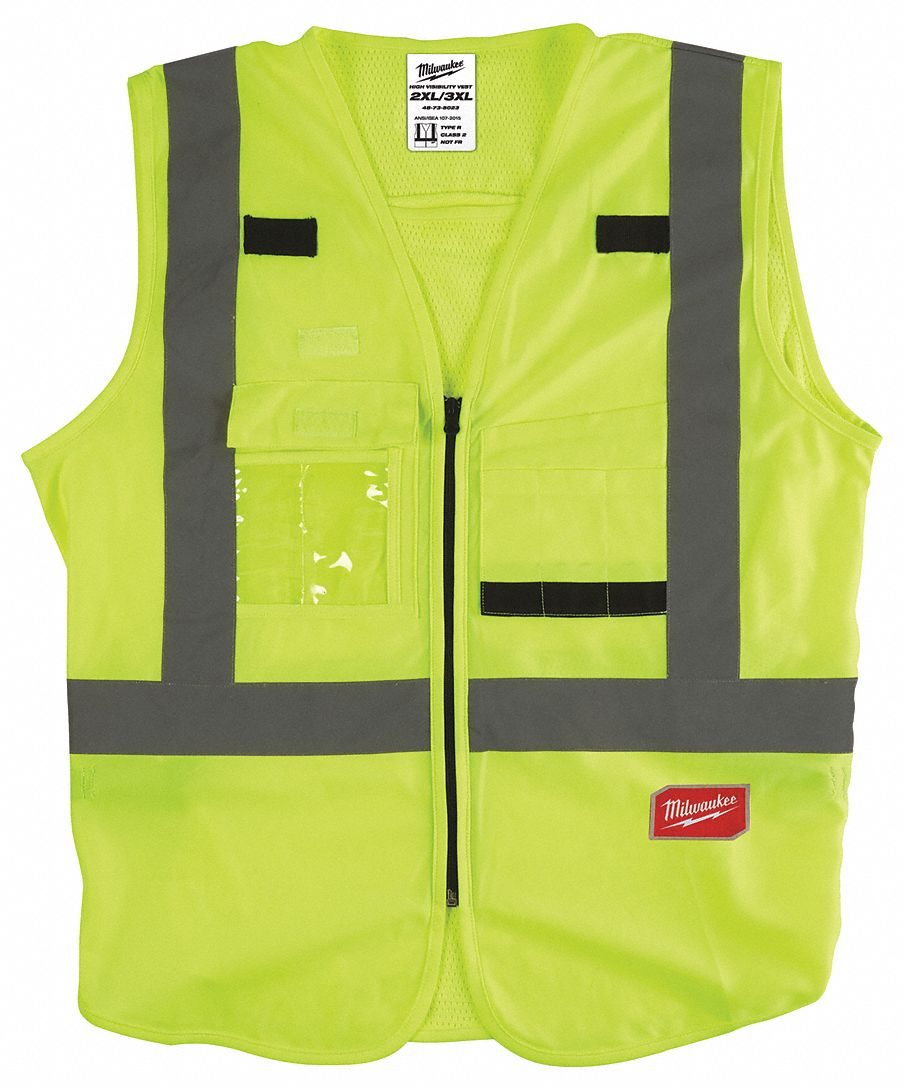 High-Visibility Vest: ANSI Class 2, U, 2XL/3XL, Lime, Solid Polyester, Zipper, Single
