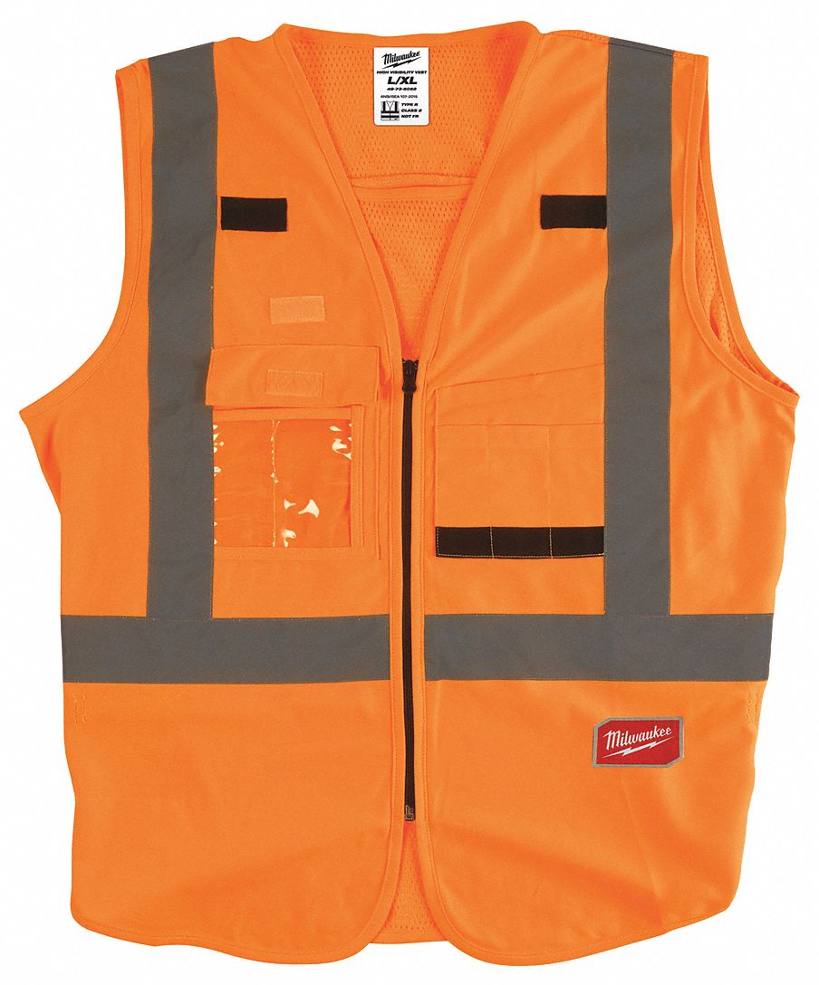 High-Visibility Vest: ANSI Class 2, U, 2XL/3XL, Orange, Solid Polyester, Zipper, Single