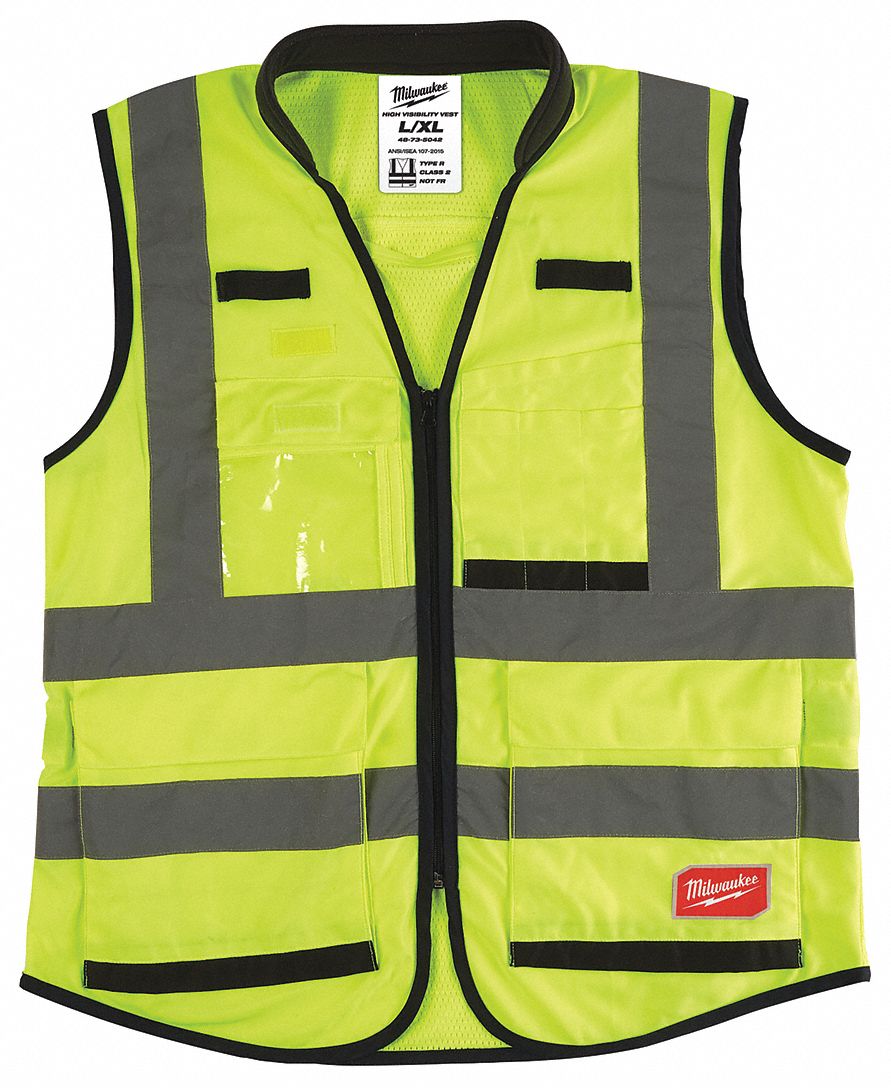 High-Visibility Vest: ANSI Class 2, U, L/XL, Lime, Solid Polyester, Zipper, Double