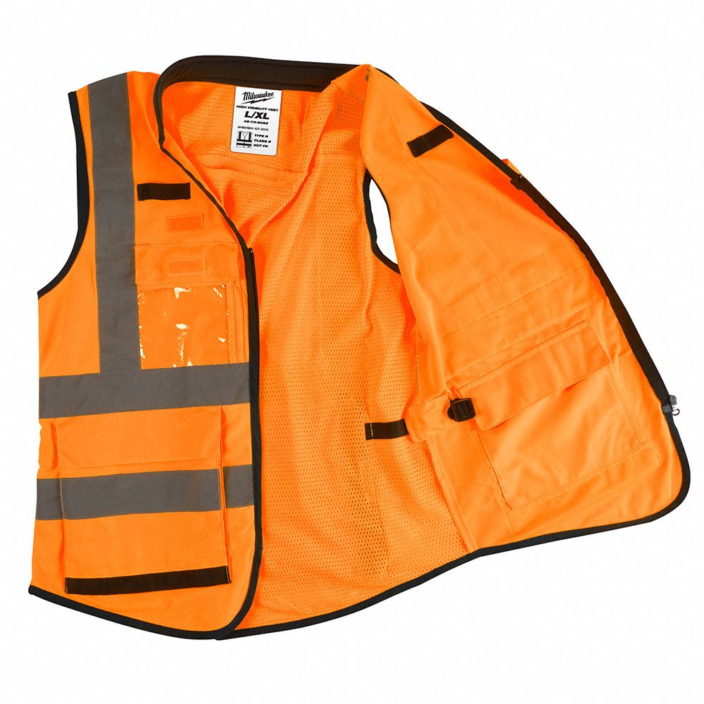 MILWAUKEE High-Visibility Vest: ANSI Class 2, U, L/XL, Orange, Solid ...