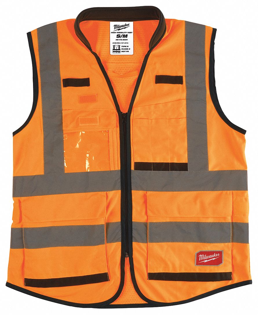 High-Visibility Vest: ANSI Class 2, U, S/M, Orange, Solid Polyester, Zipper, Double