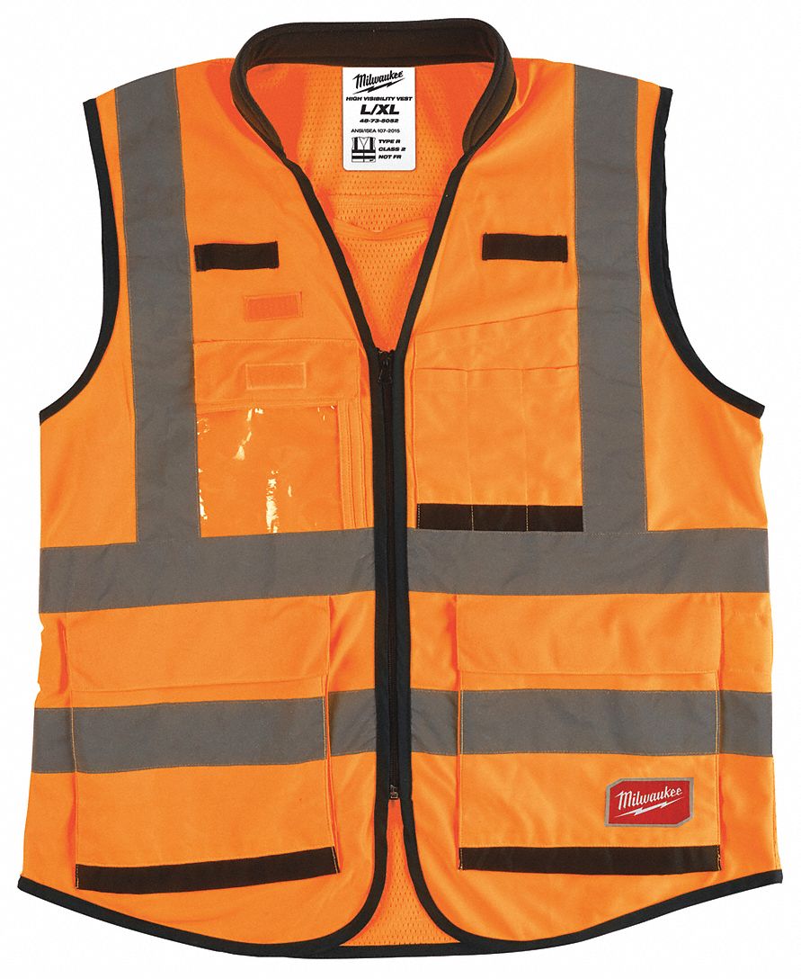 High-Visibility Vest: ANSI Class 2, U, L/XL, Orange, Solid Polyester, Zipper, Double
