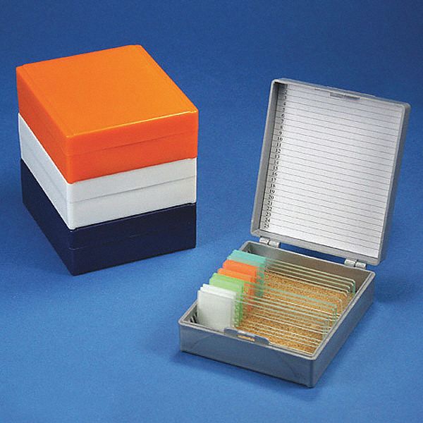Microscope Slide Box: Plastic, 3.75 in Overall Lg, 3.25 in Overall Wd, Assorted, 25 Compartments