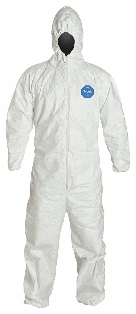 HOODED DISPOSABLE COVERALLS, TYVEK 400, ELASTIC CUFFS/ANKLES, SERGED, WHITE, L, 6 PK