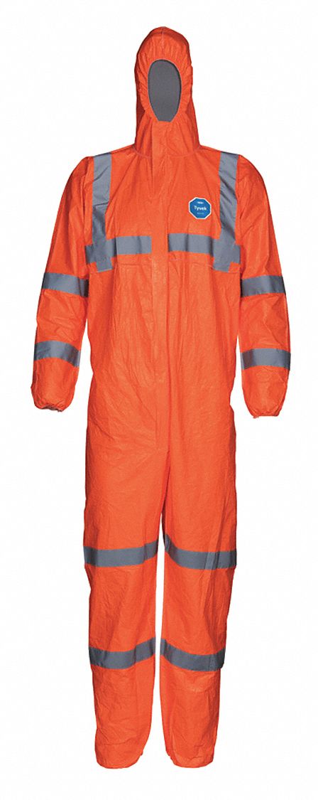 Disposable Coveralls: 3XL, Tyvek® 500 HV, Elastic Wrist, Elastic Ankle, Orange, 25 PK