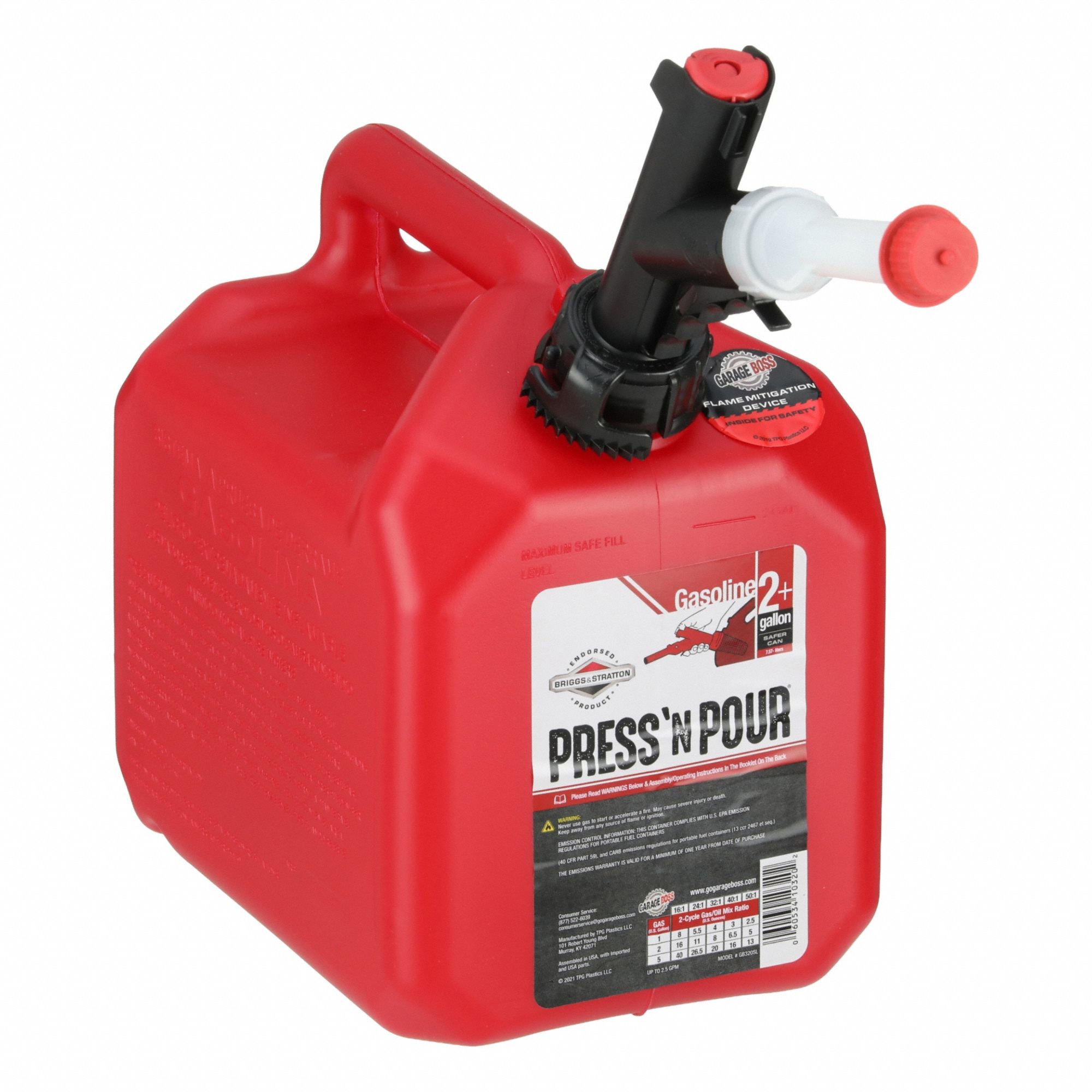 Gas Can: 2 gal Capacity, Gasoline, Plastic, Red