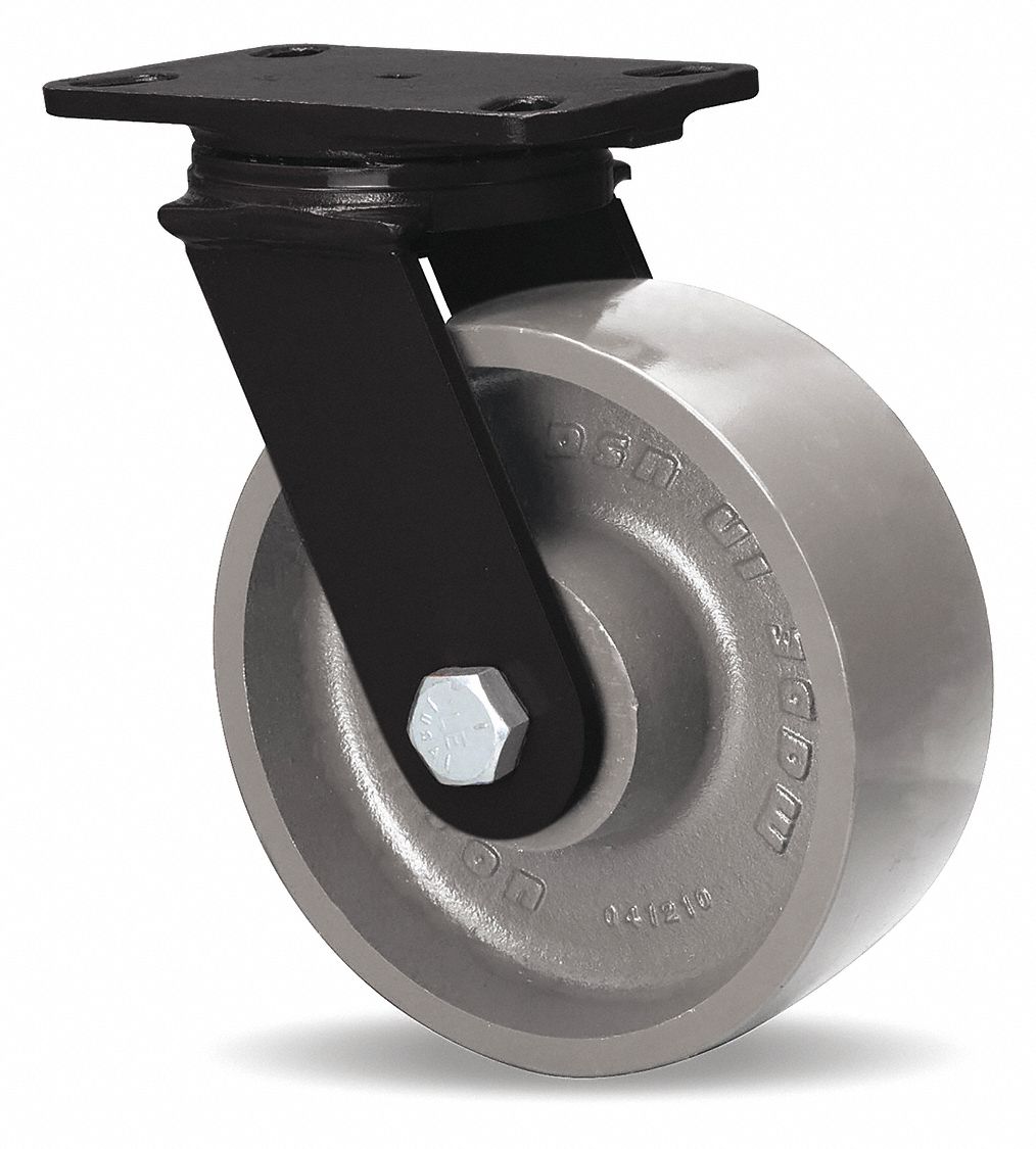 Plate Caster: Swivel, Iron, 8 in Wheel Dia, 3 in Wheel Wd, 10 1/4 in Mounting Ht, Rectangle