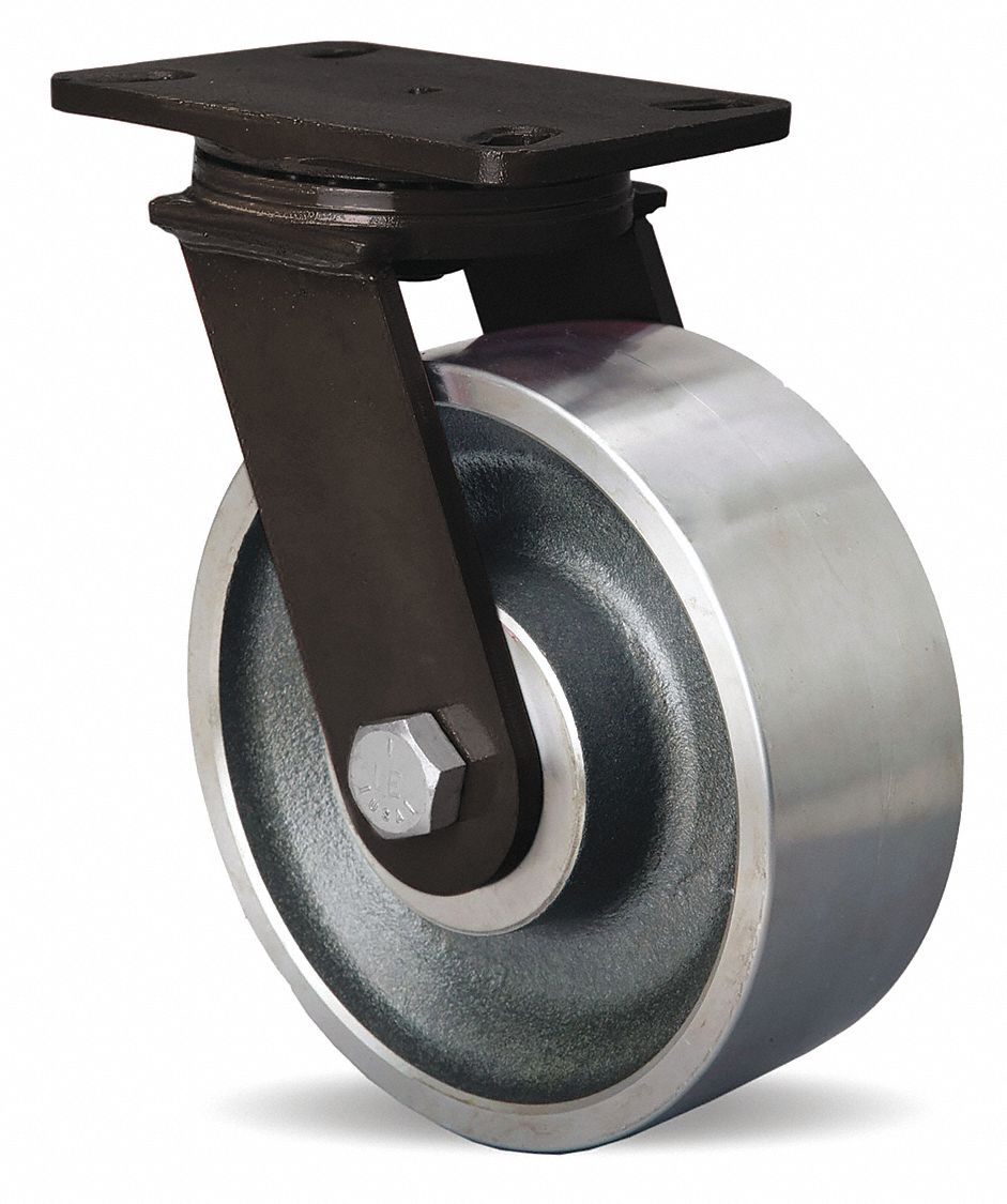 Plate Caster: Swivel, Steel, 8 in Wheel Dia, 3 in Wheel Wd, 10 1/4 in Mounting Ht, Ball