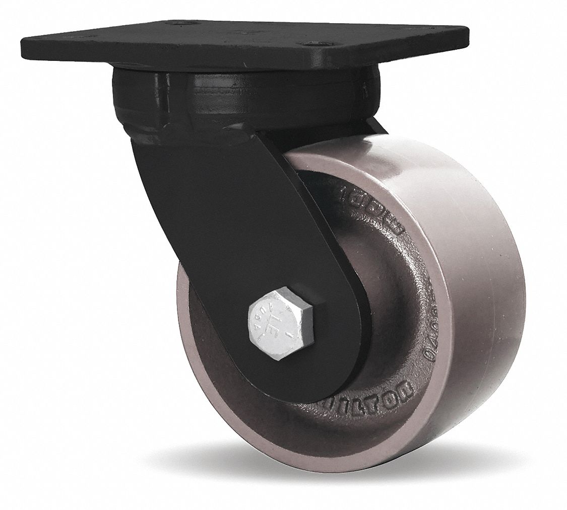 Plate Caster: Swivel, Iron, 6 in Wheel Dia, 3 in Wheel Wd, 8 in Mounting Ht, Rectangle