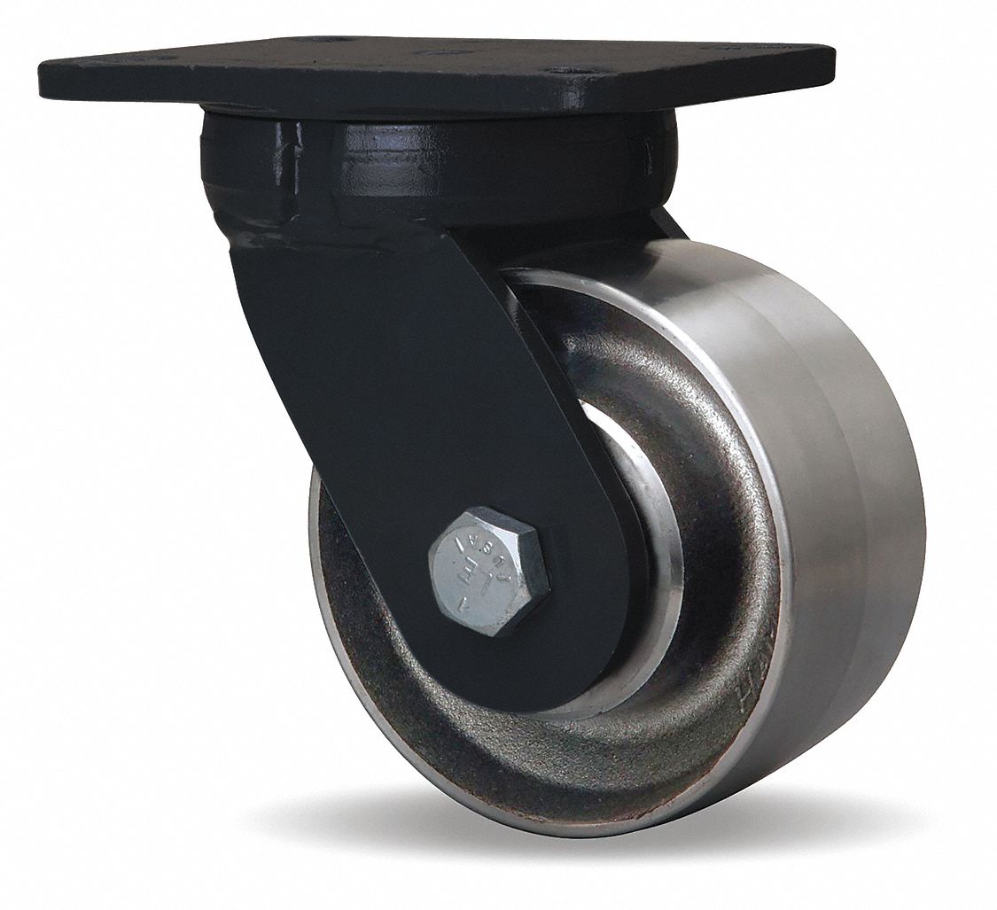 Plate Caster: Swivel, Steel, 6 in Wheel Dia, 3 in Wheel Wd, 8 in Mounting Ht, Rectangle