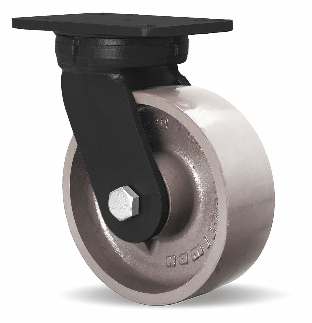 Plate Caster: Swivel, Iron, 8 in Wheel Dia, 3 in Wheel Wd, 10 1/2 in Mounting Ht, Rectangle