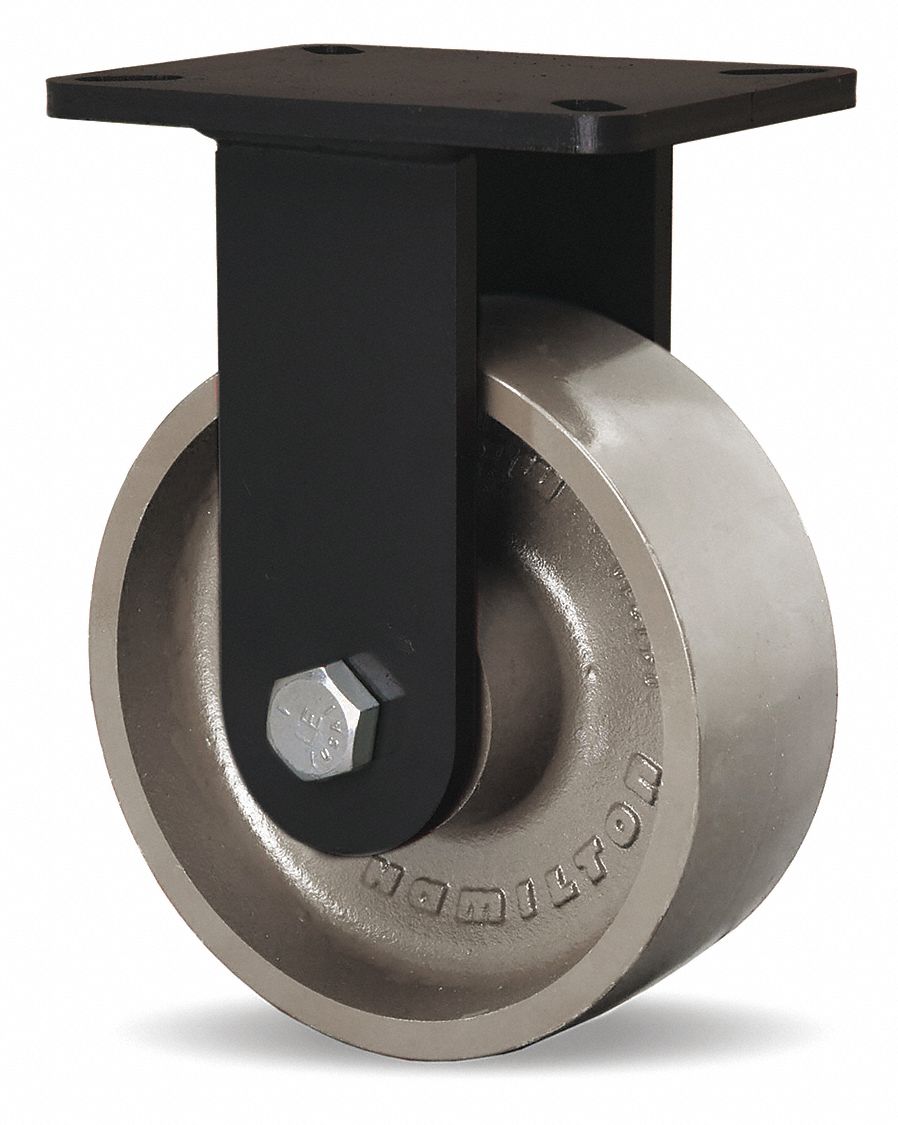 Plate Caster: Rigid, Iron, 8 in Wheel Dia, 3 in Wheel Wd, 10 1/2 in Mounting Ht, Rectangle