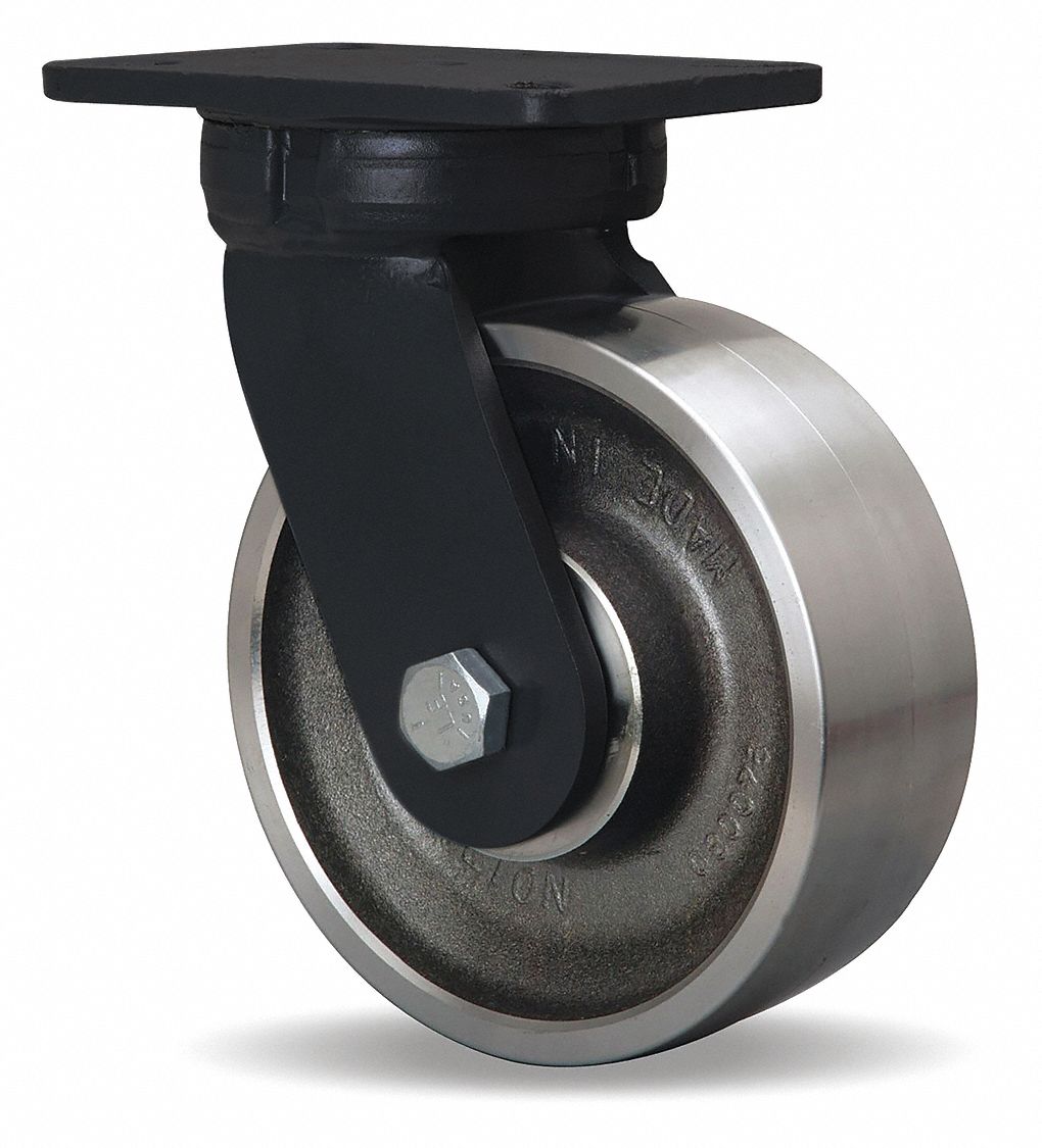 Plate Caster: Swivel, Steel, 8 in Wheel Dia, 3 in Wheel Wd, 10 1/2 in Mounting Ht, Ball