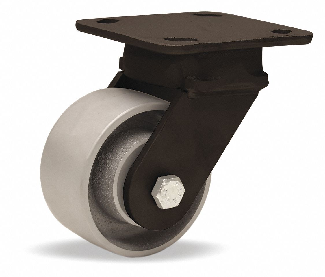 Plate Caster: Swivel, Iron, 4 in Wheel Dia, 2 in Wheel Wd, 5 5/8 in Mounting Ht, Rectangle