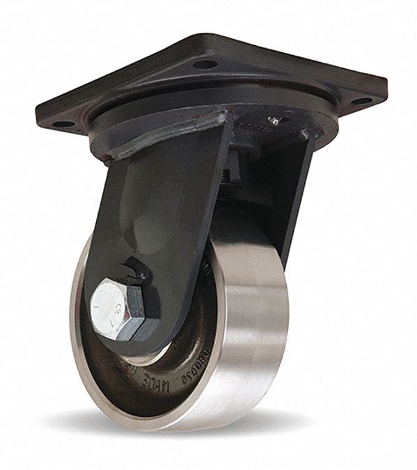 Plate Caster: Swivel, Steel, 8 in Wheel Dia, 3 in Wheel Wd, 11 in Mounting Ht, Extreme Duty