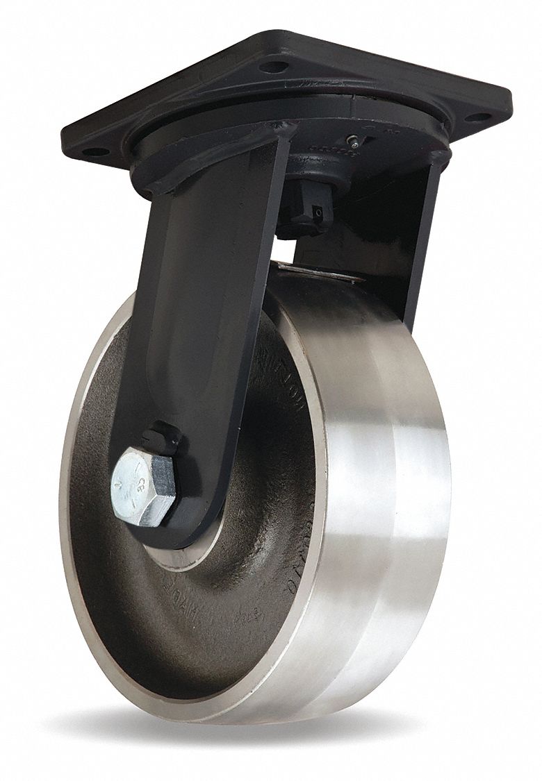 Plate Caster: Swivel, Steel, 12 in Wheel Dia, 4 in Wheel Wd, 15 1/2 in Mounting Ht, Square