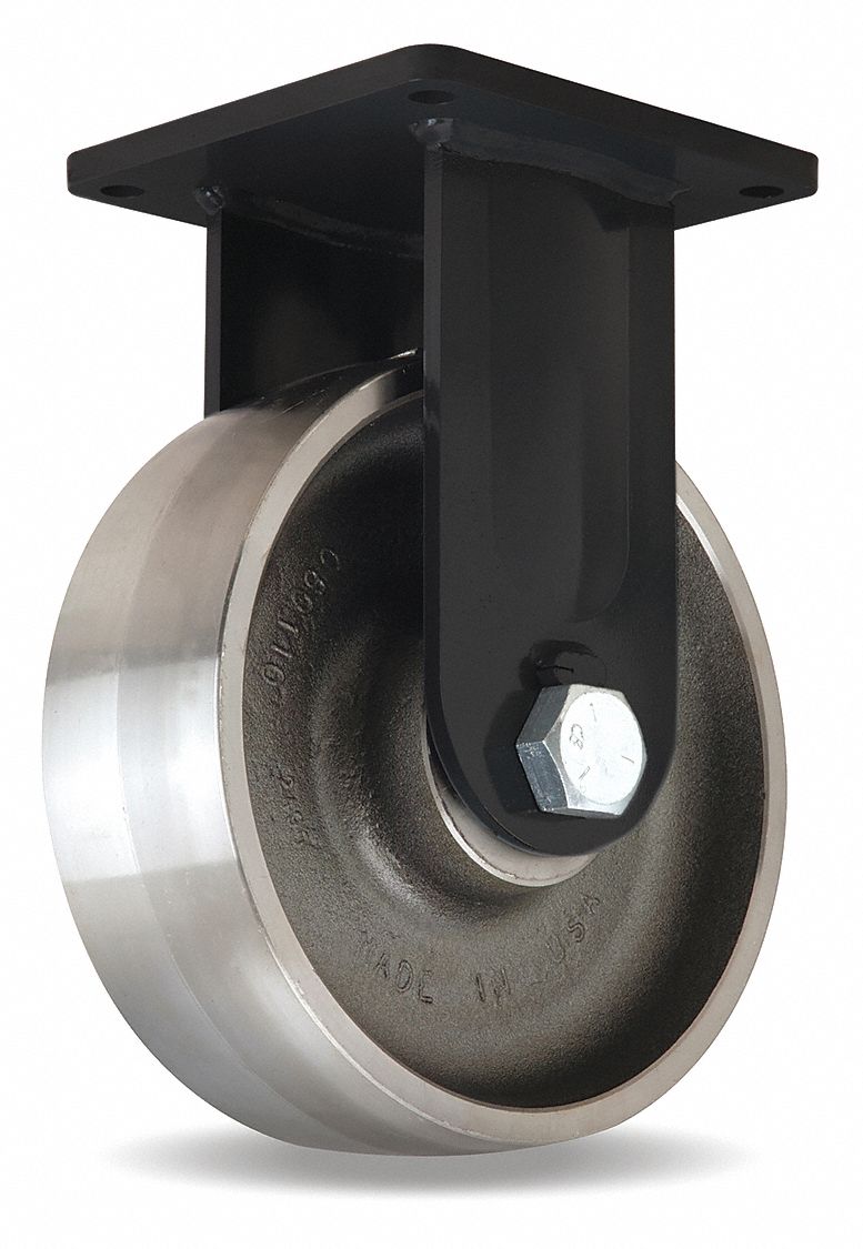 Plate Caster: Rigid, Steel, 12 in Wheel Dia, 4 in Wheel Wd, 15 1/2 in Mounting Ht, Square