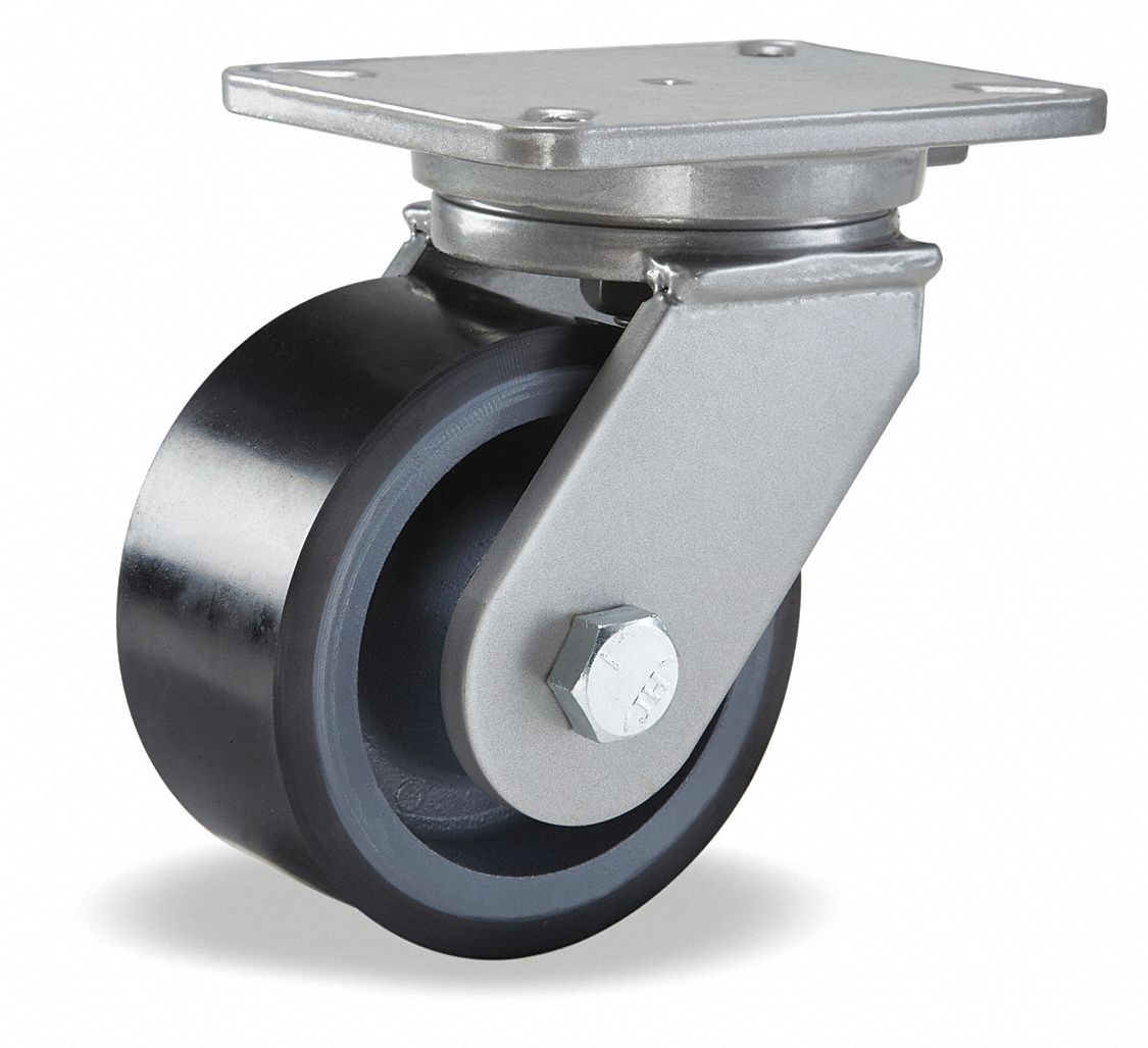 Plate Caster: Swivel, Side Brake, Polyurethane, 6 in Wheel Dia, 3 in Wheel Wd, Slot, Ball