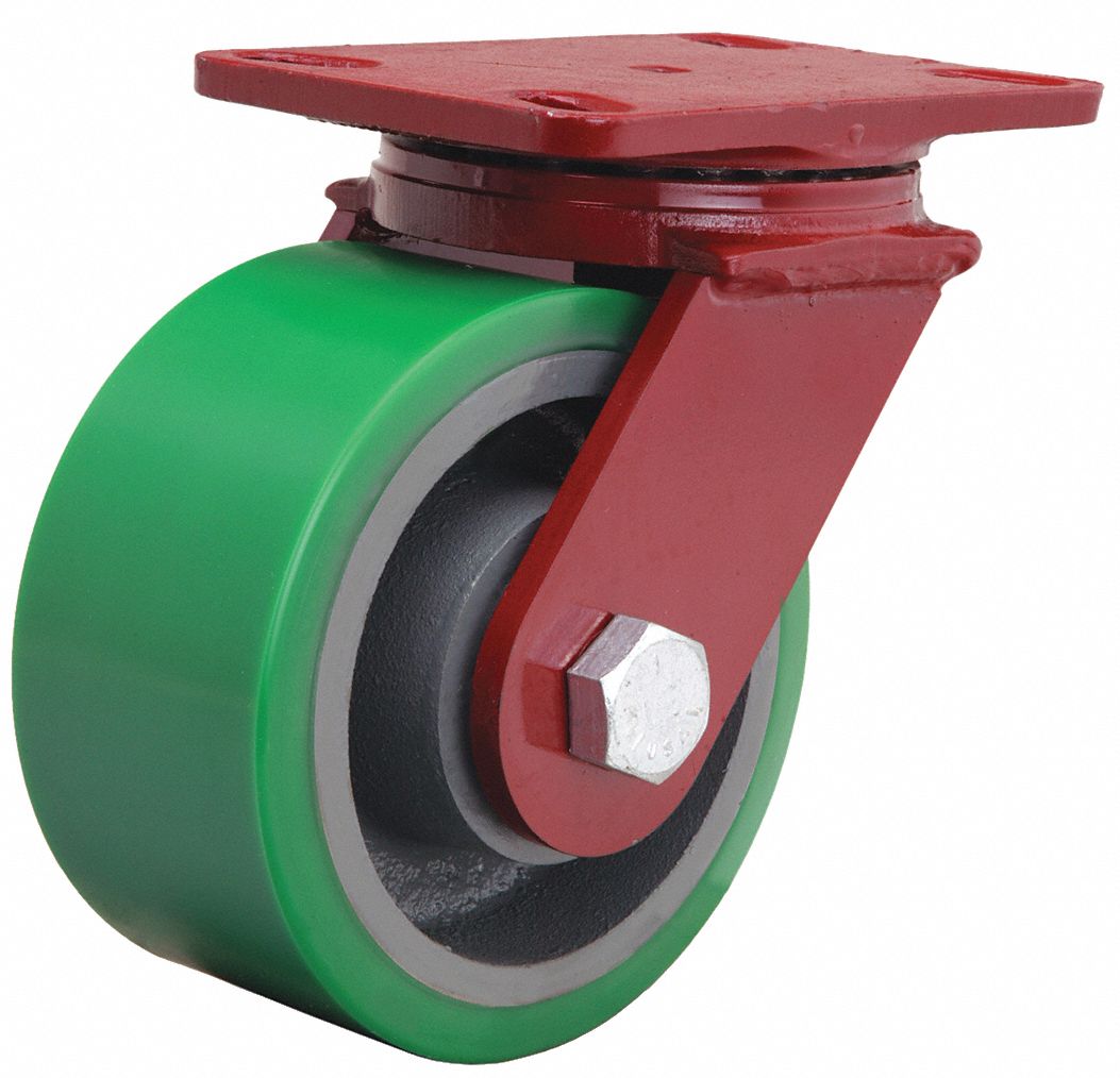 Plate Caster: Swivel, No Brake, Polyurethane, 6 in Wheel Dia, 3 in Wheel Wd, Slot, Ball