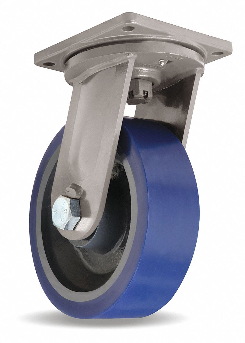 Plate Caster: Swivel, Face Brake, Polyurethane, 12 in Wheel Dia, 4 in Wheel Wd, Hole, Brake